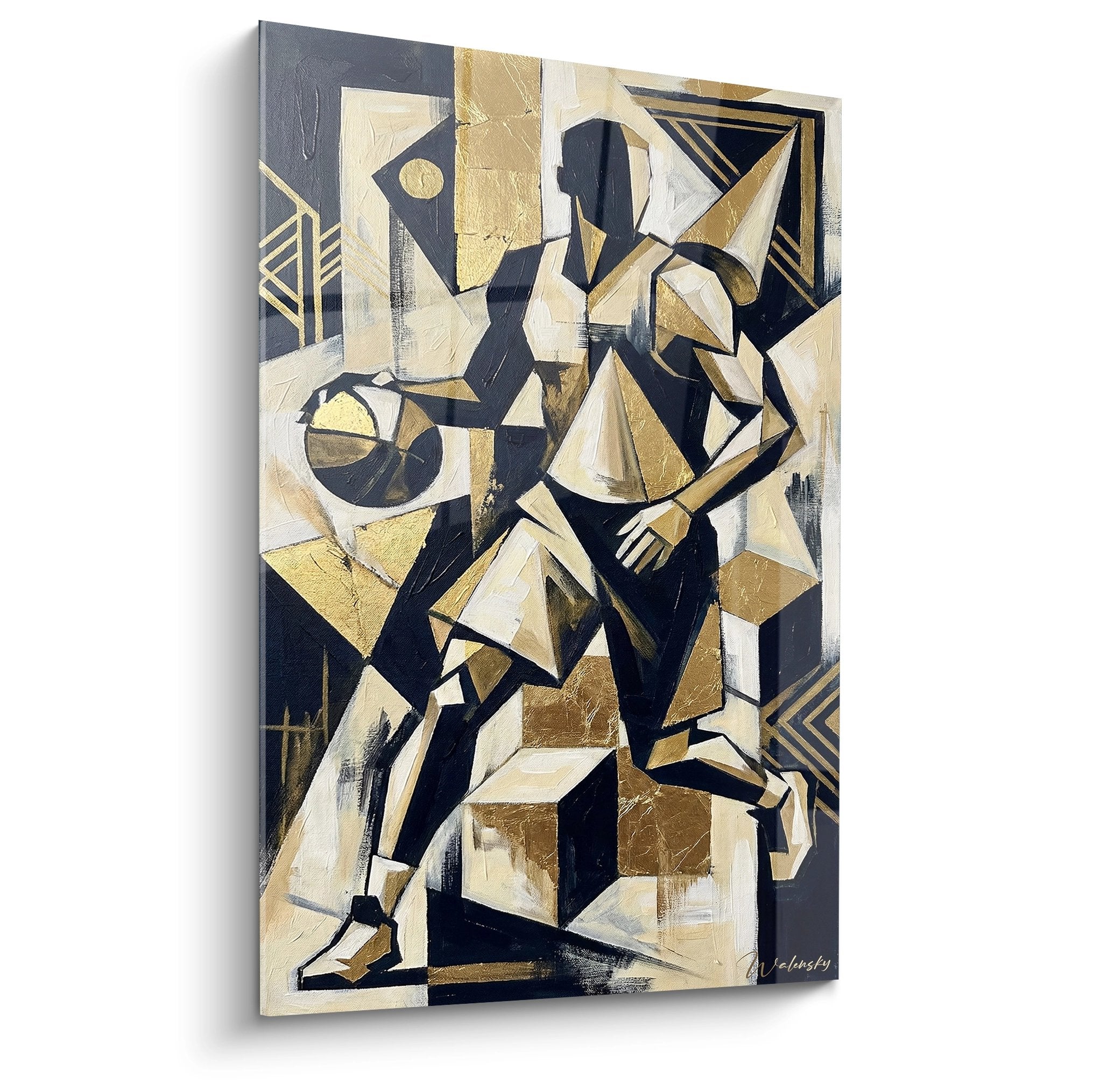Kubistisches Wandbild mit geometrischen Basketballspielern in Gold und Schwarz, moderne Sportkunst
