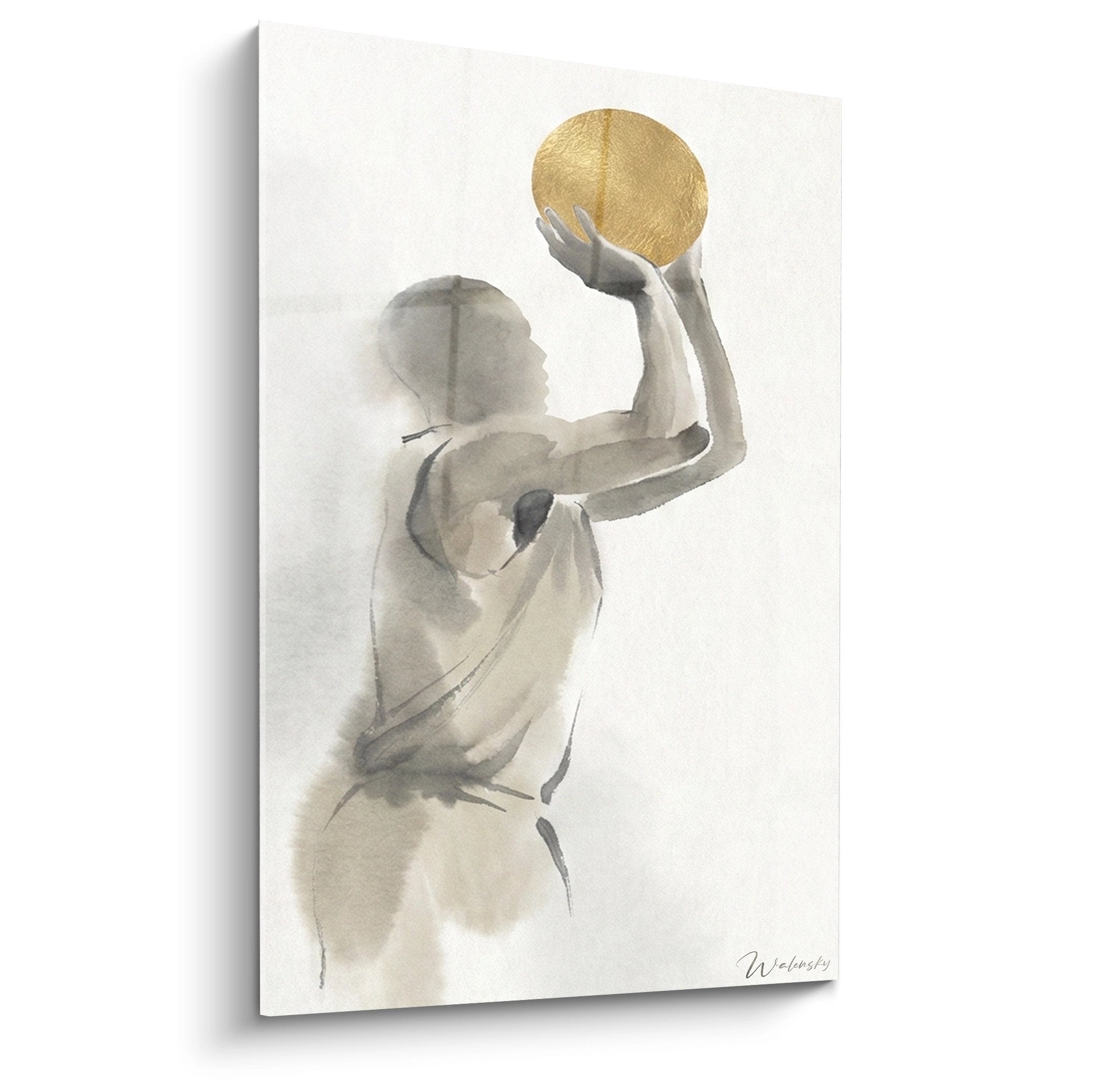 Wandbild Basketballspieler in Aquarell-Technik mit goldenem Ball, moderne Sportkunst in Grau und Gold