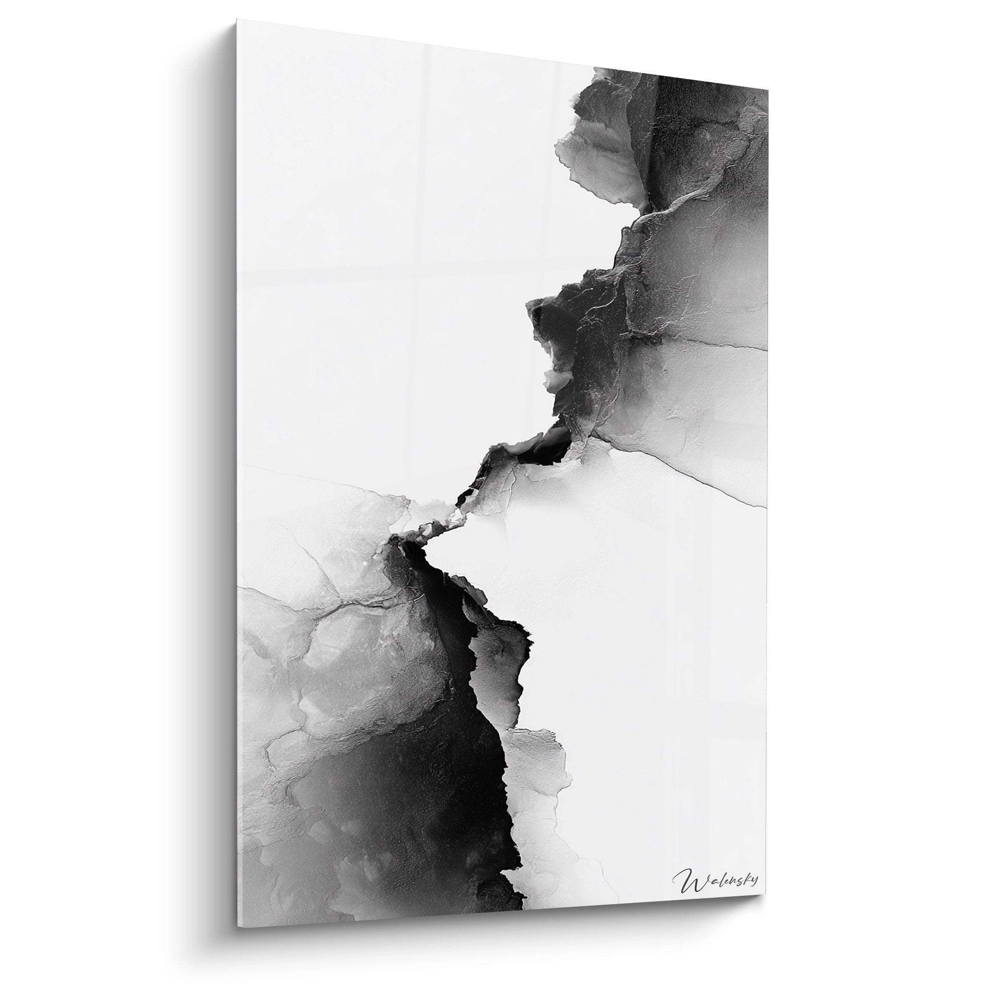 Wandbild abstrakte Landschaft in Schwarz-Weiß mit fließenden organischen Formen und Grauschattierungen für moderne Raumgestaltung