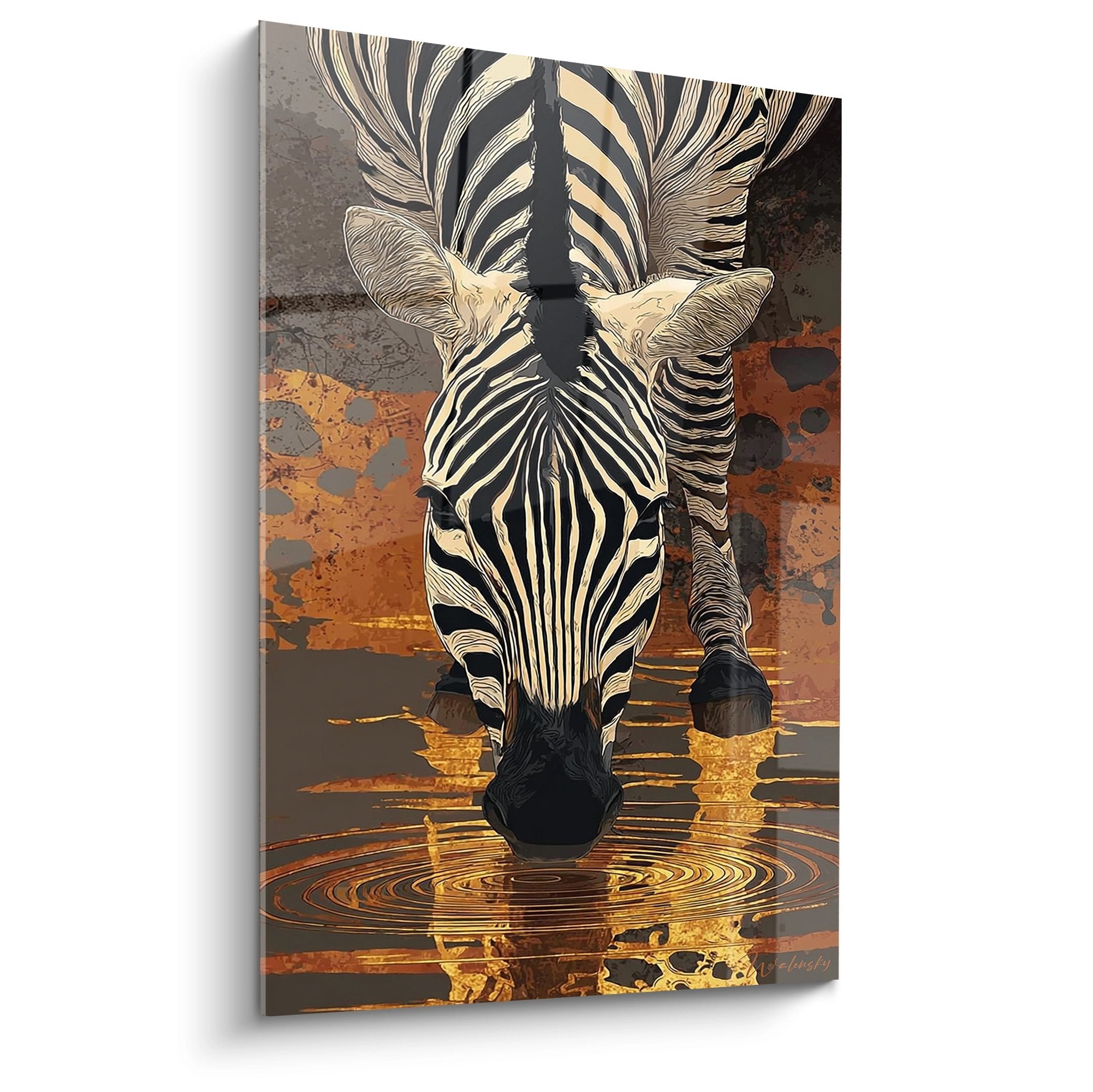 Zebra Wandbild mit goldenen Reflexionen am Wasserloch - afrikanische Tierdekoration für moderne Wohnräume