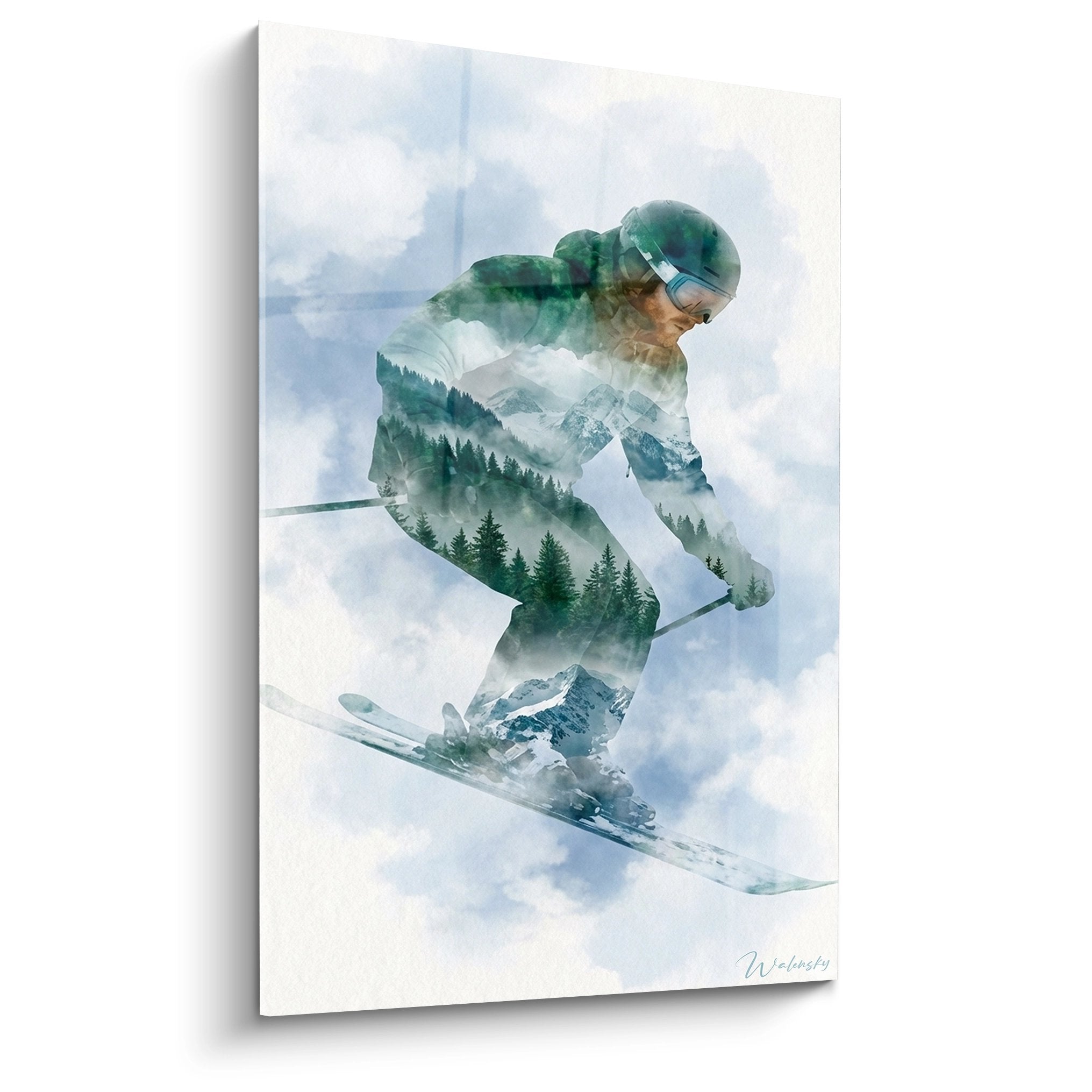 Wandbild Skifahrer Doppelbelichtung mit Berglandschaft in Gruen und Blau Toenen