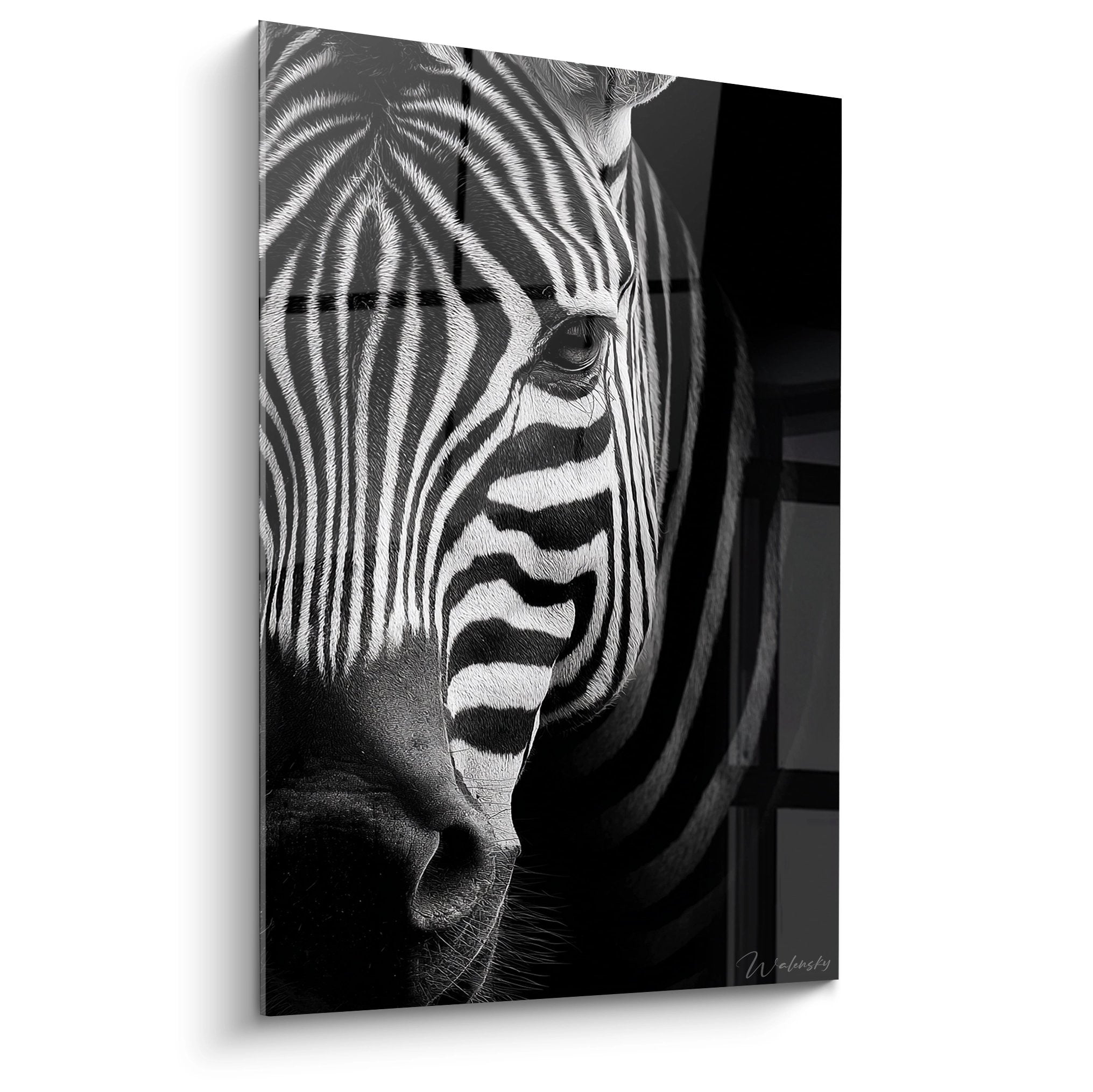 Schwarz-weiß Zebra Portrait Wandbild mit markanten Streifen und ausdrucksstarkem Auge