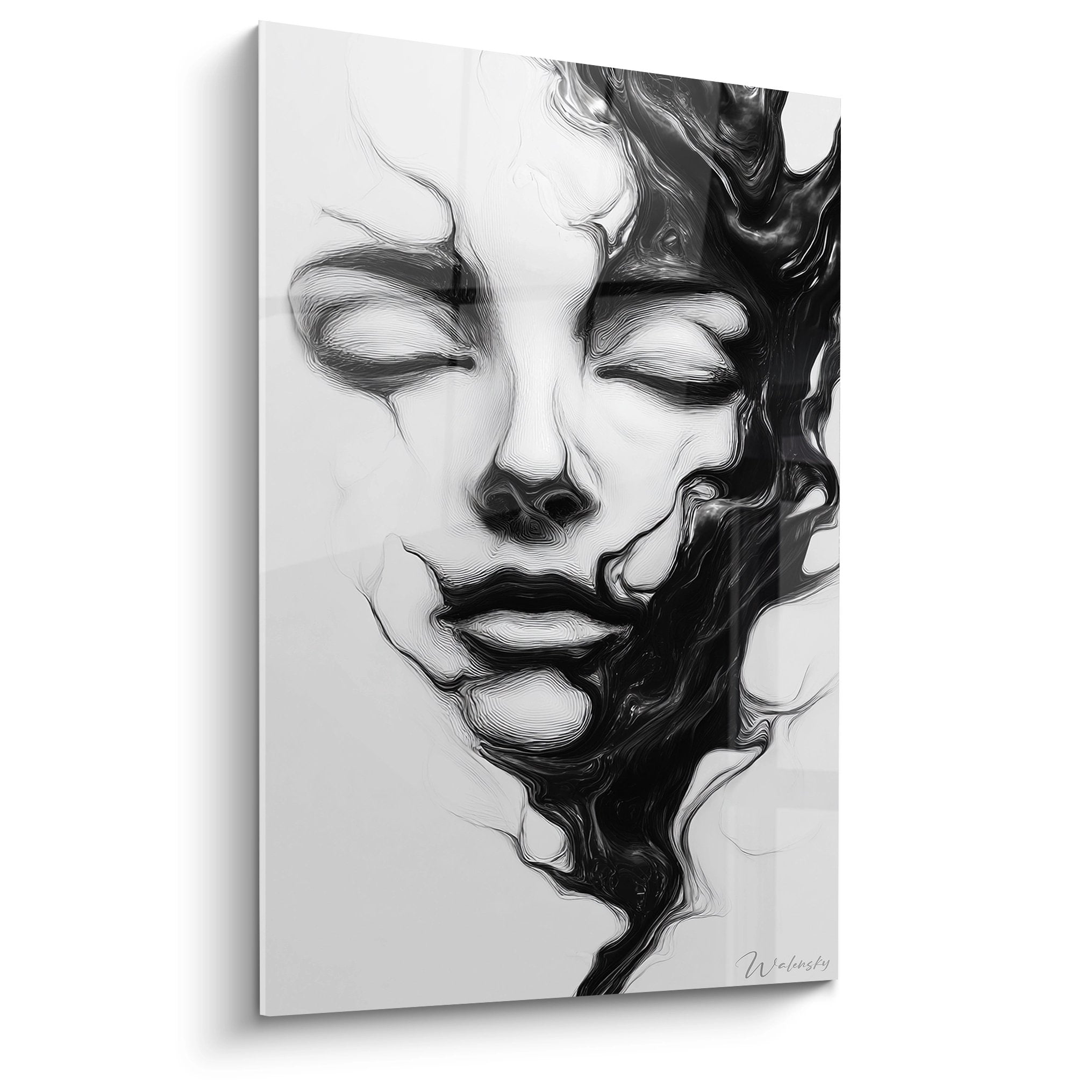 Wandbild abstraktes Frauengesicht in Schwarz-Weiß mit fließenden künstlerischen Elementen