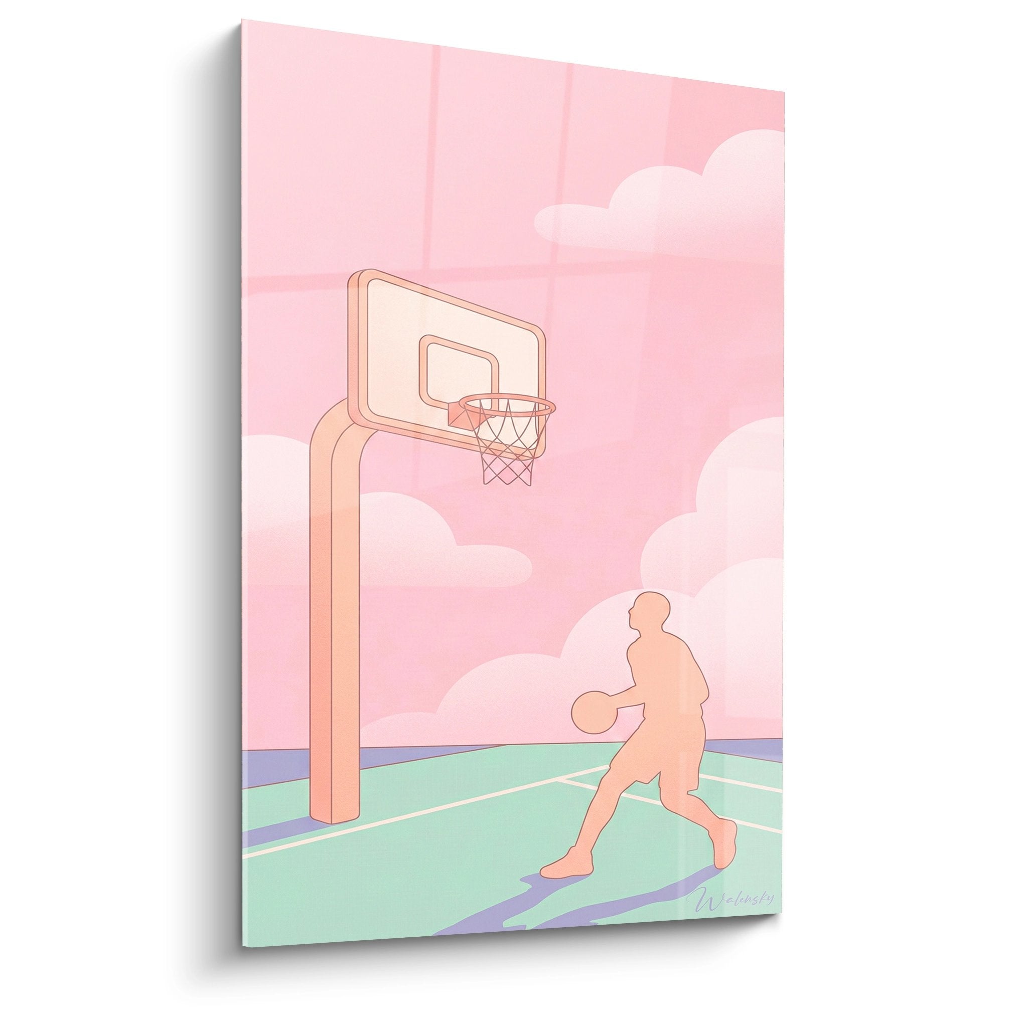 Basketball Wandbild mit Spieler Silhouette vor rosa Himmel und mintgrünem Court
