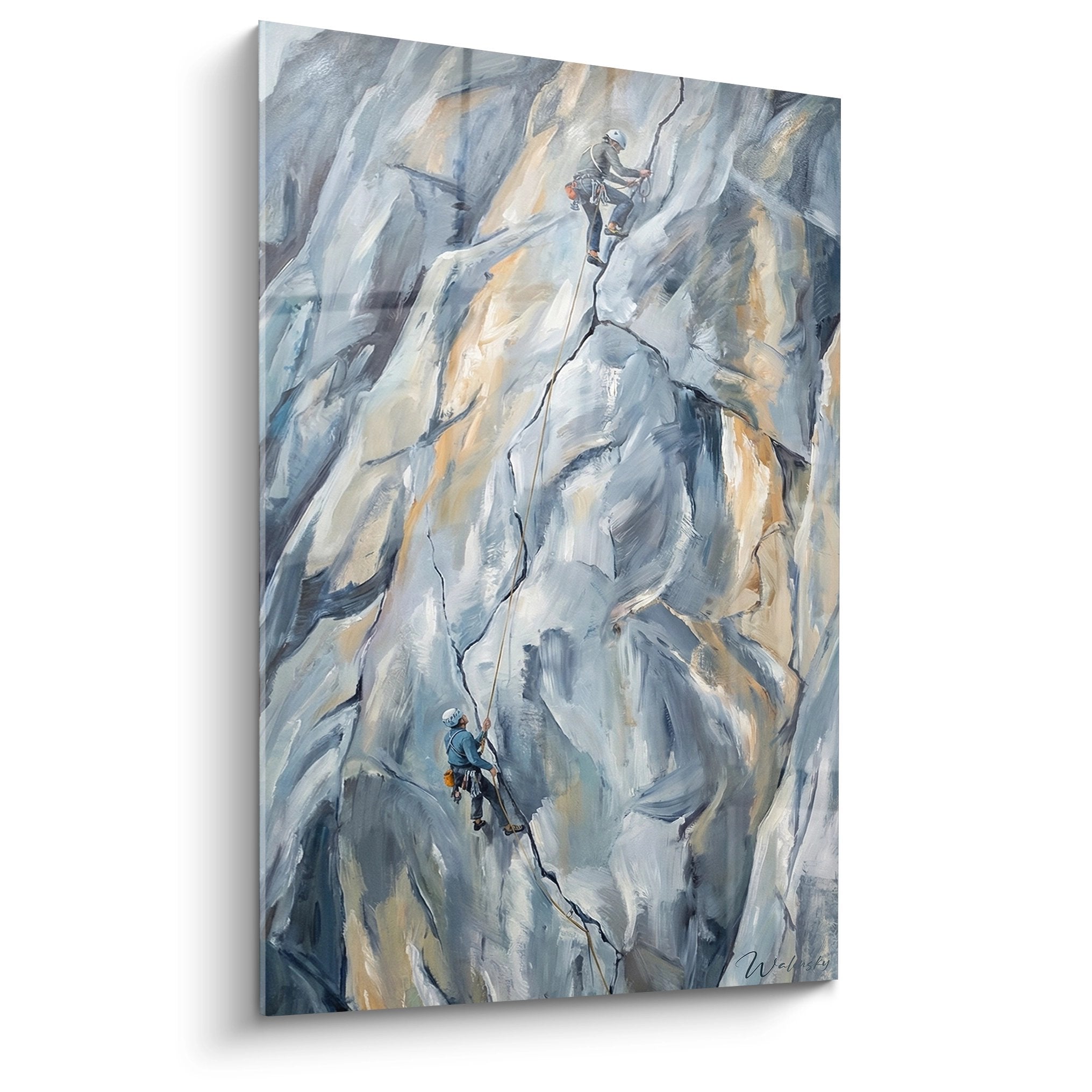 Wandbild zeigt zwei Kletterer an grauer Felswand mit Kletterausrüstung in realistischer Berglandschaft Darstellung