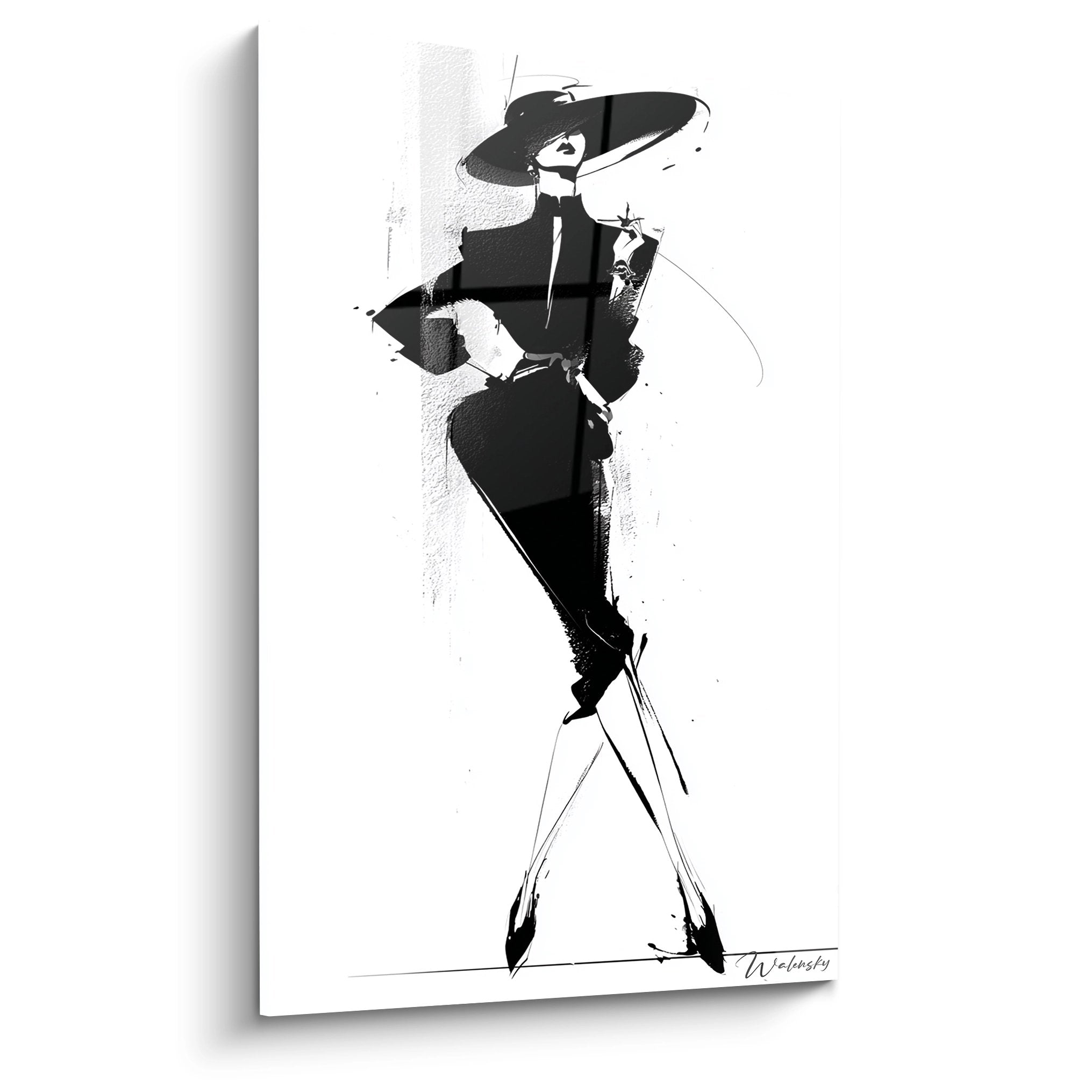 Wandbild elegante Frau mit Hut in abstrakter Schwarz-Weiß-Silhouette für moderne Wanddekoration