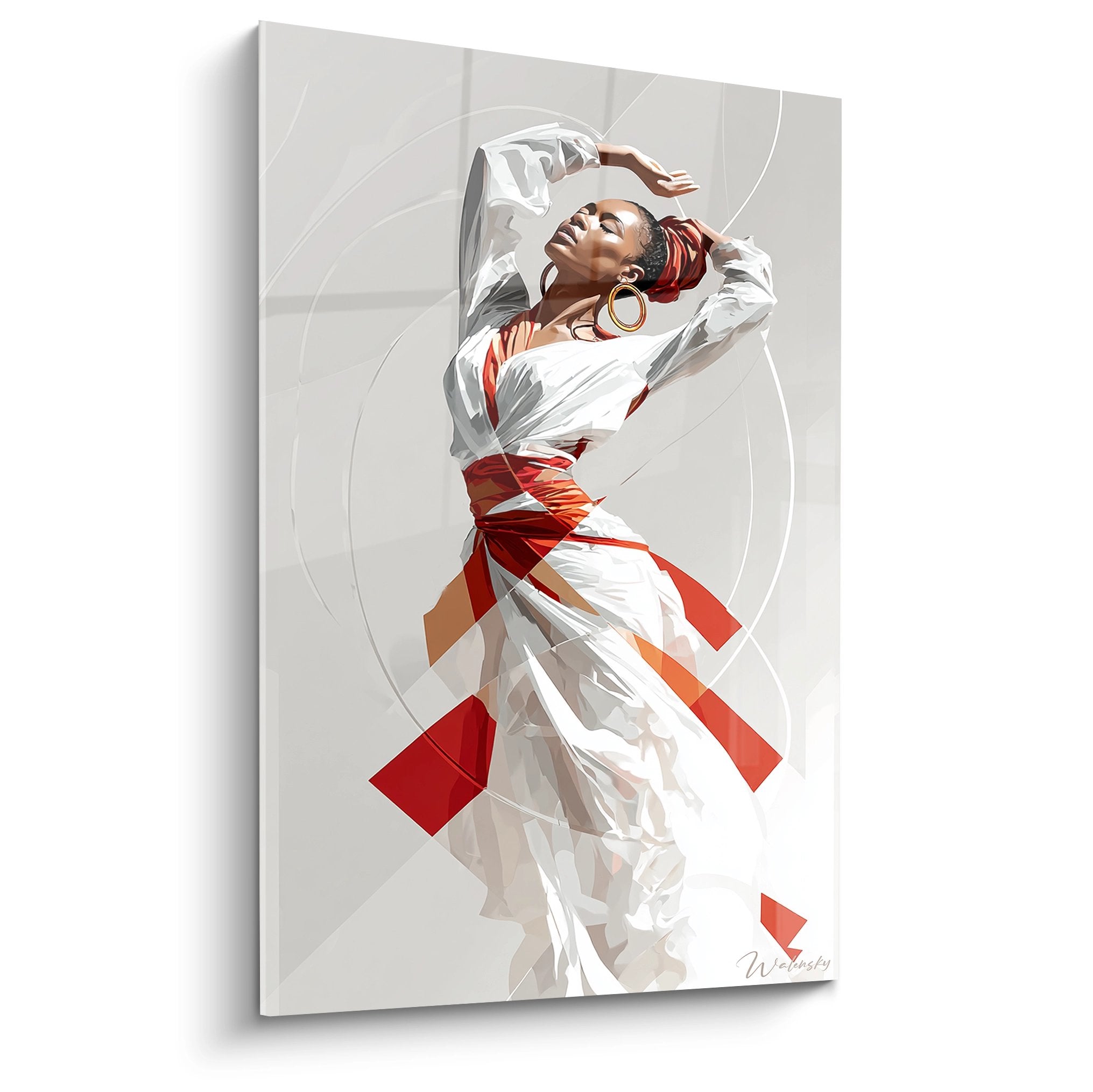 Wandbild einer eleganten afrikanischen Tänzerin in weißem Kleid mit roten Akzenten auf grauem Hintergrund