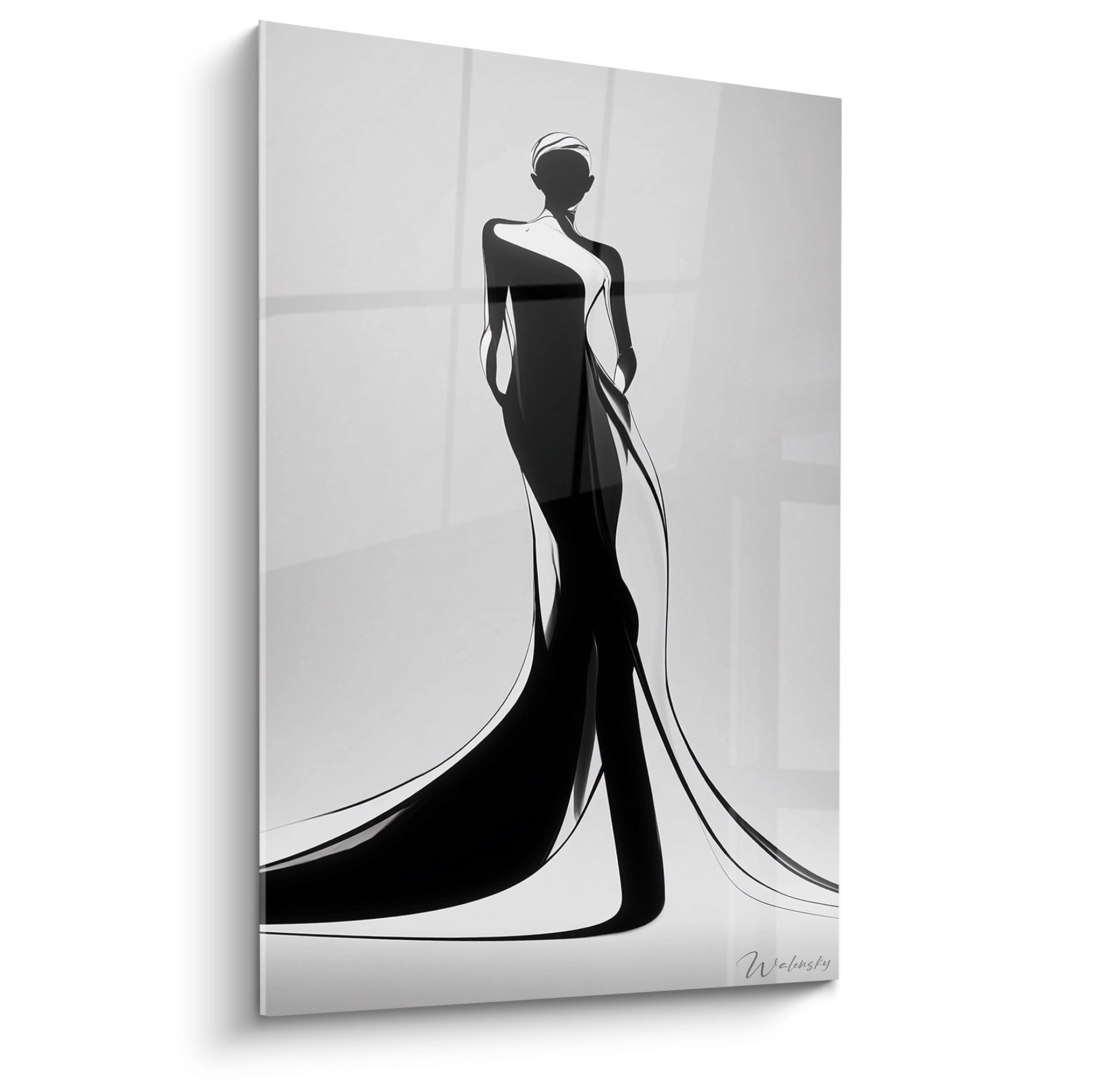 Wandbild elegante Frauensilhouette in langem Kleid, schwarz-weiße abstrakte Kunst für moderne Wohnräume