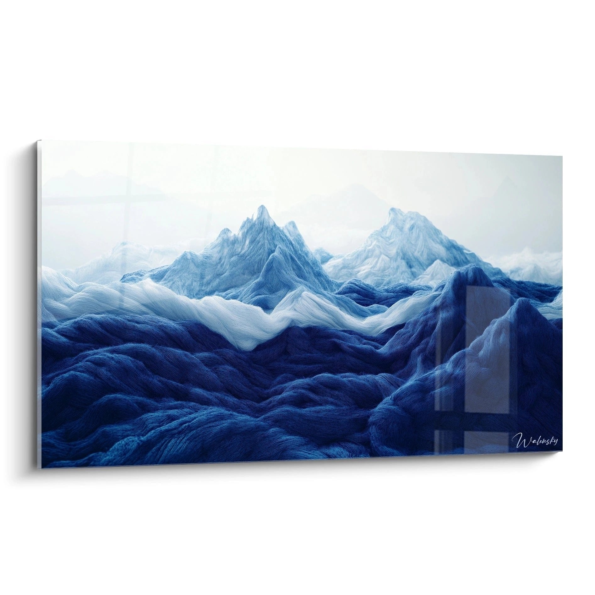 Wandbild blaue Gebirgslandschaft in Häkeloptik mit majestätischen Bergketten in verschiedenen Blautönen