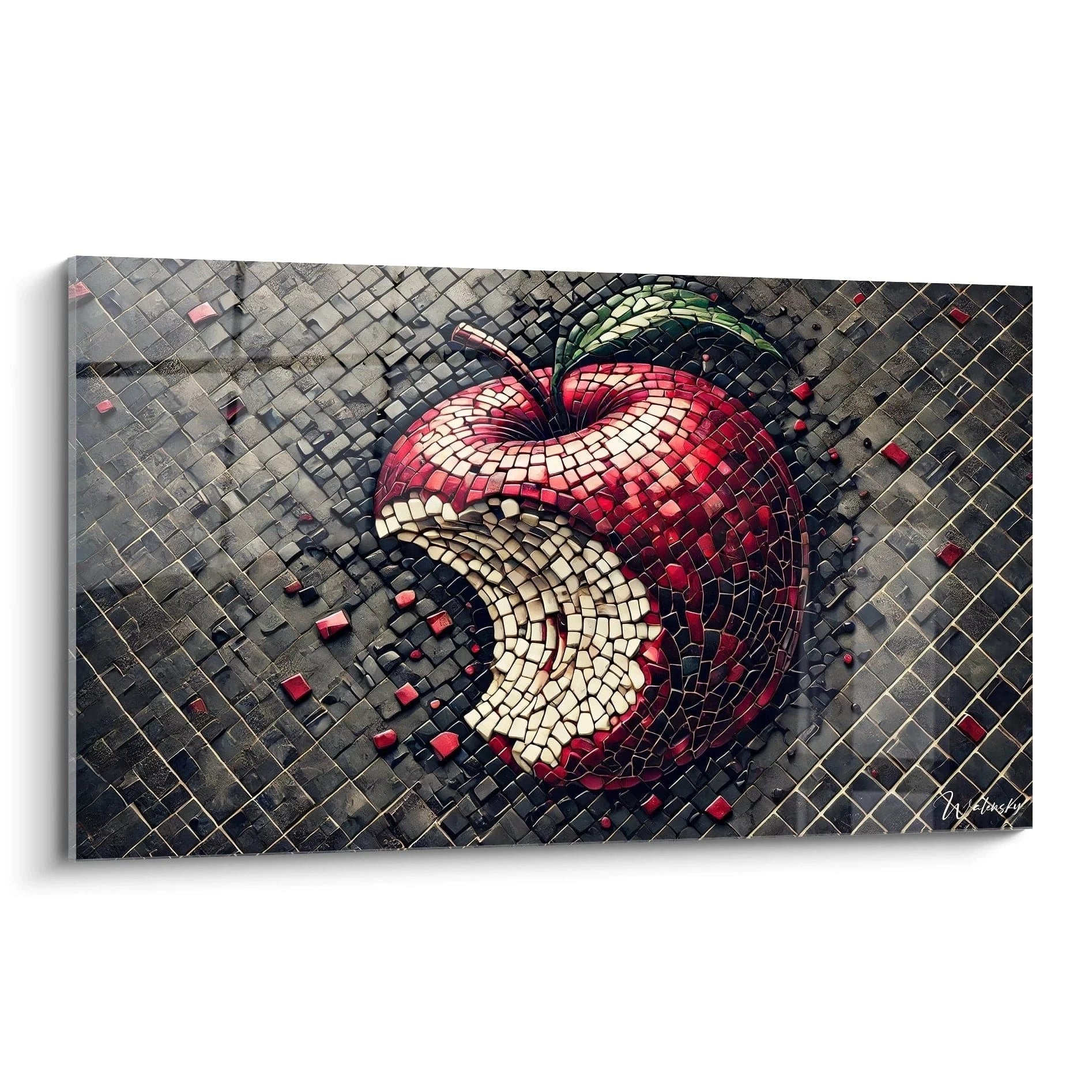 Wandbild roter Apfel aus Mosaiksteinen mit zerbrochenen Elementen auf grauem Hintergrund