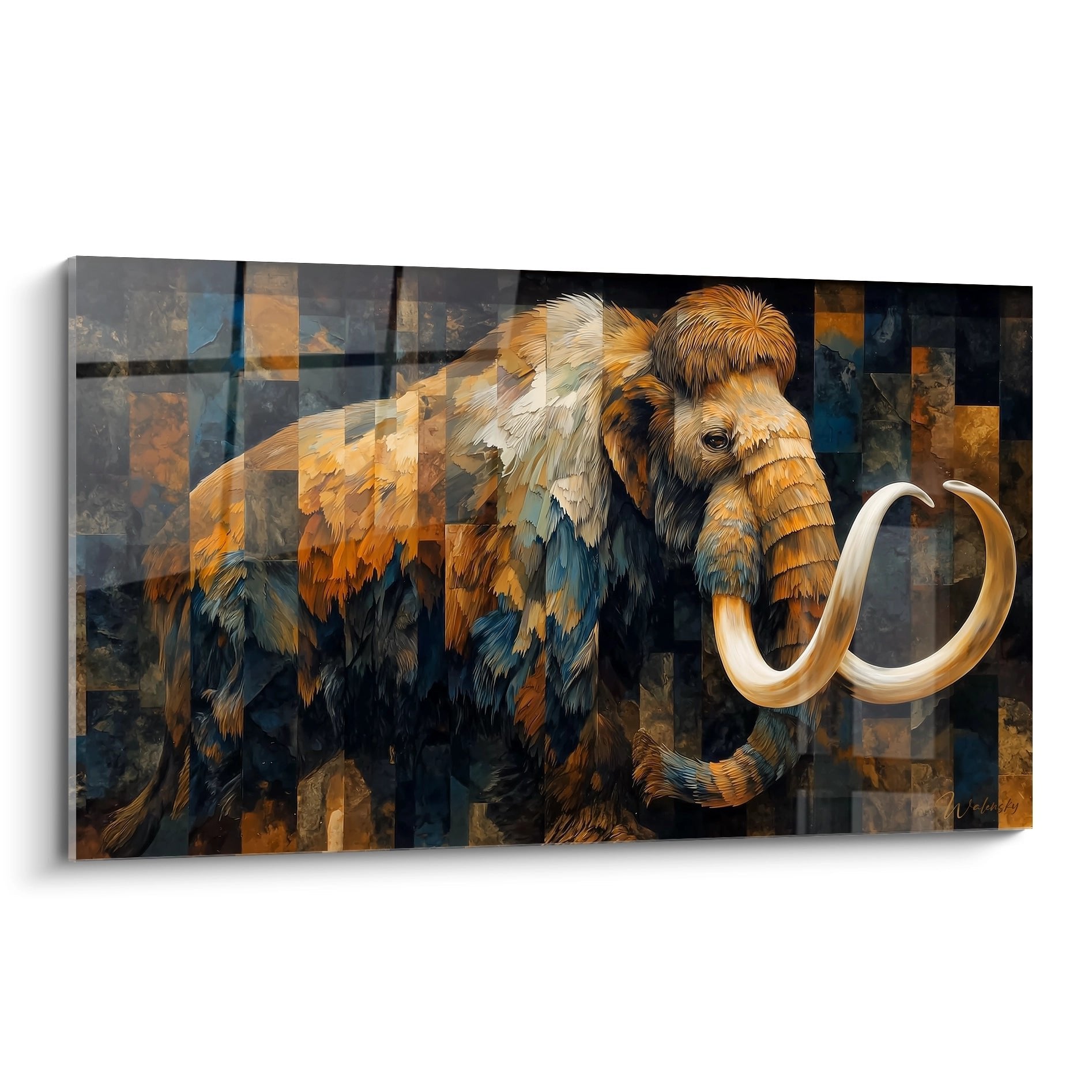 Kunstvolles Wandbild eines majestätischen Wollmammuts mit imposanten Stoßzähnen in modernem Mosaikstil auf Leinwand