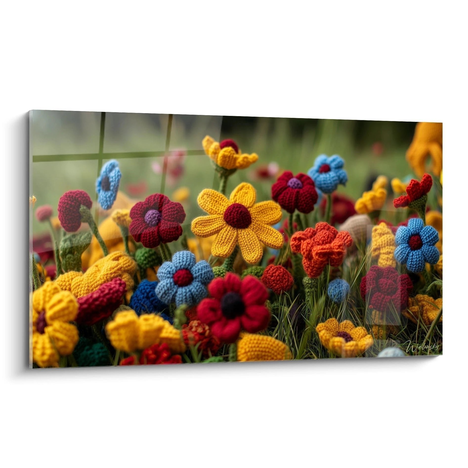 Wandbild gehäkelte Blumenwiese in bunten Farben - Edition Häkeloptik für moderne Wohnräume