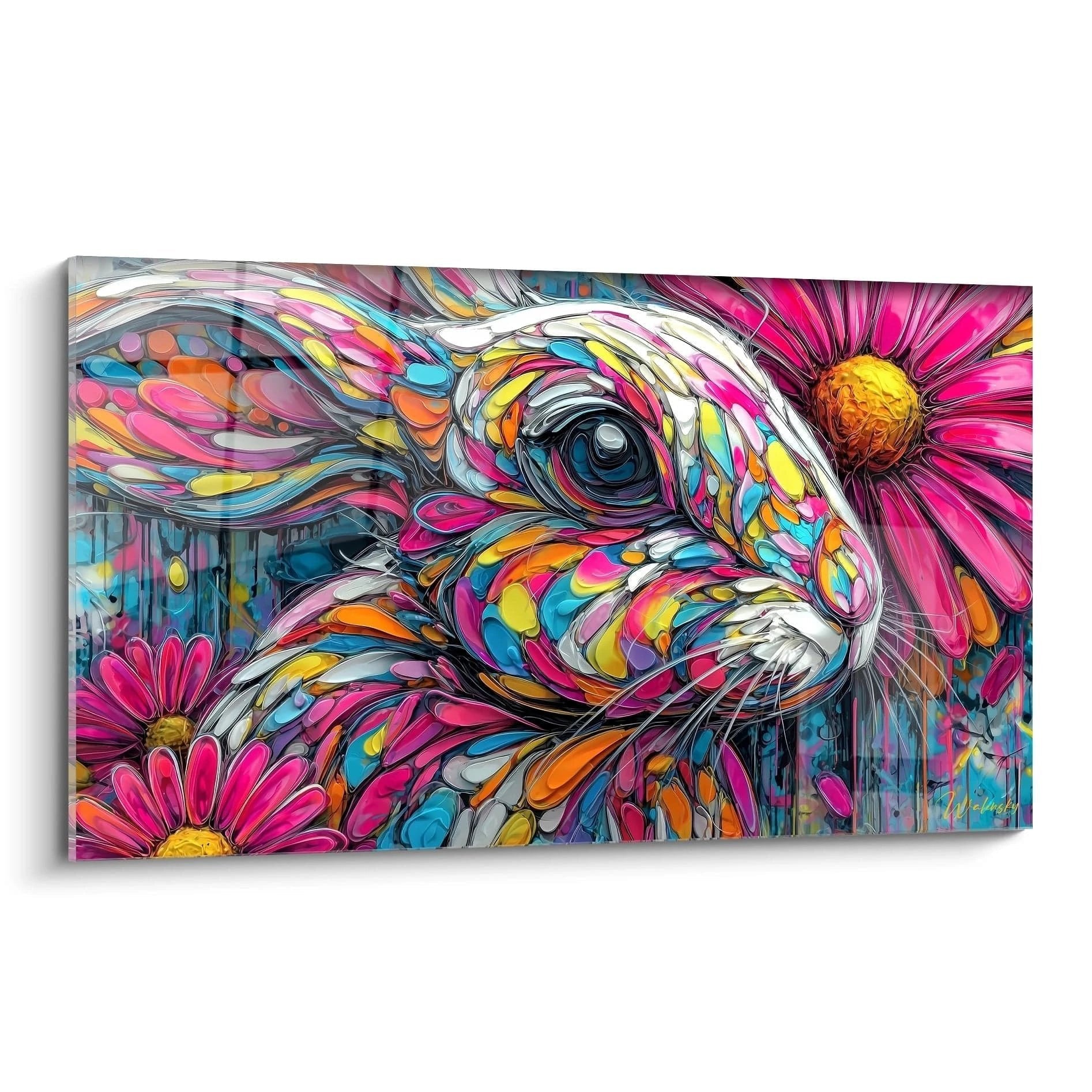 Wandbild bunter Hase mit rosa Blumen in explosiven Farben, moderne Kunstdekoration Edition Farbexplosion