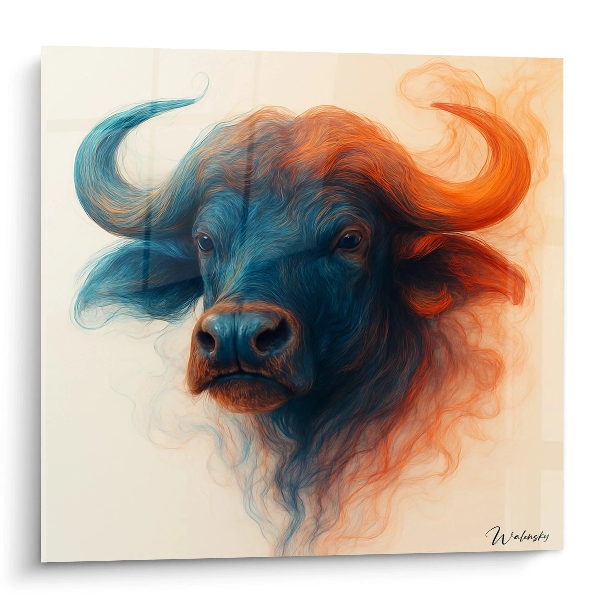 Wandbild Büffel in Fluid Art Technik mit fließenden blauen und orangen Farben auf hellem Hintergrund