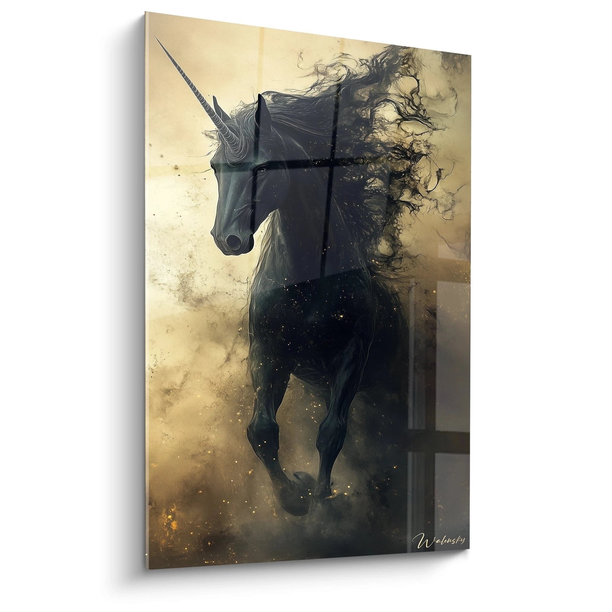 Schwarzes Einhorn Wandbild mit mystischer Atmosphäre und goldenen Lichtpartikeln auf Leinwand