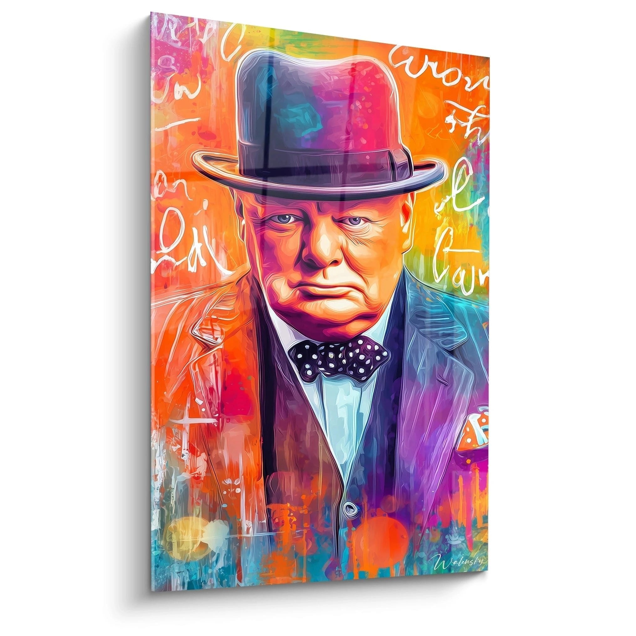 Winston Churchill Wandbild in bunten Farben mit Bowler-Hut und Fliege, moderne Porträtkunst