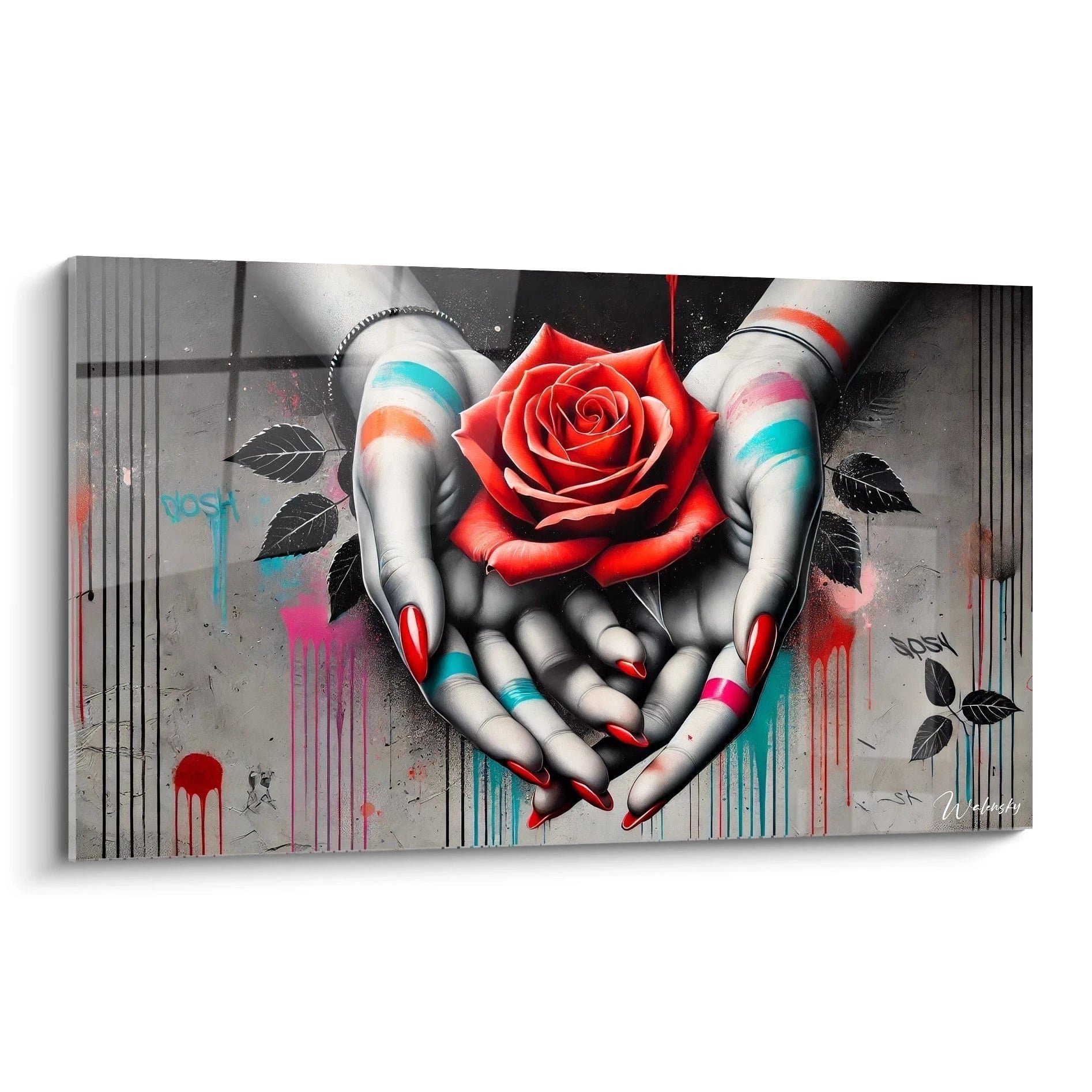 Street Art Wandbild mit schützenden Händen und roter Rose, Graffiti-Stil mit Farbspritzern in Grau und Rot