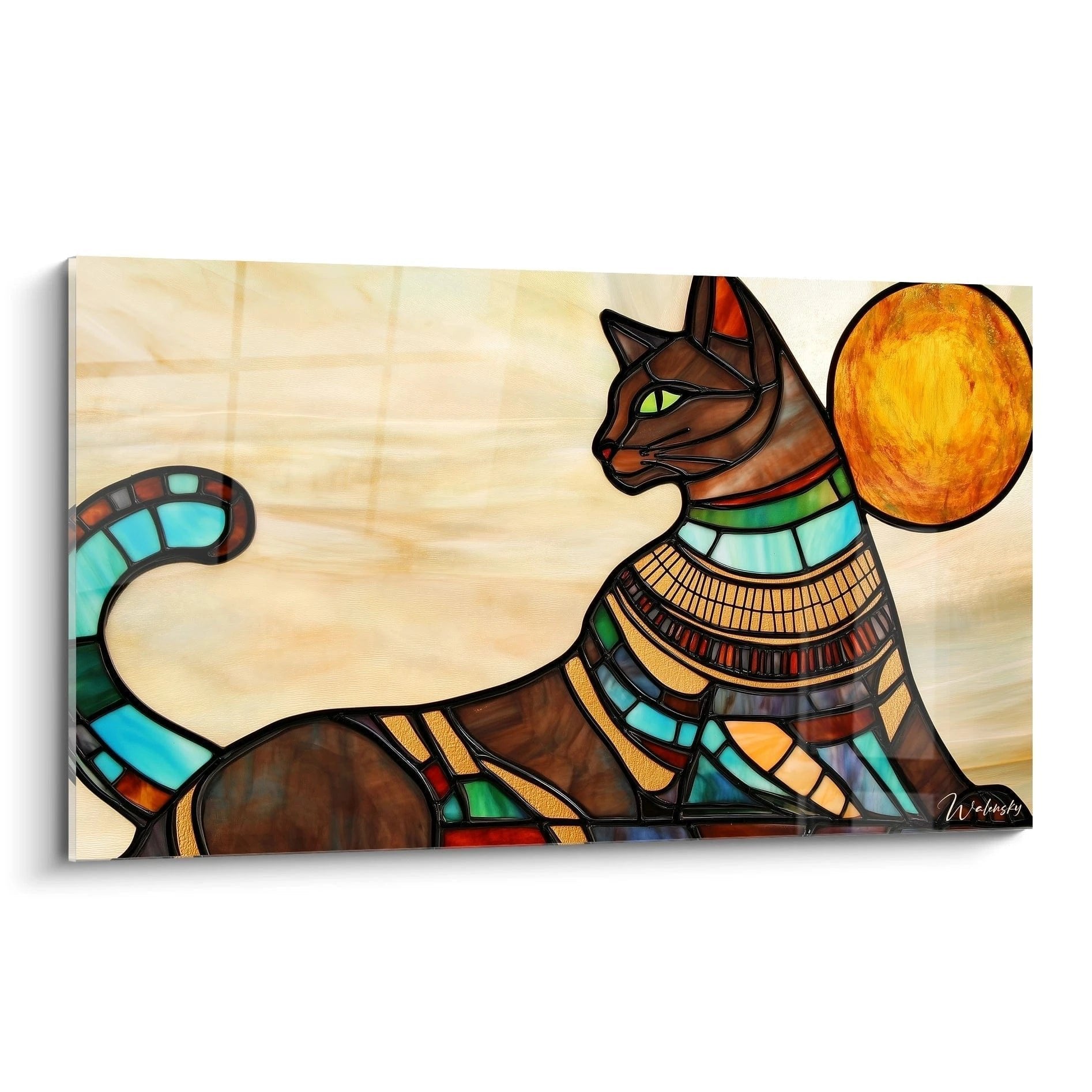 Wandbild ägyptische Katze Bastet im Glasmalerei-Stil mit goldener Sonnenscheibe und buntem Halskragen