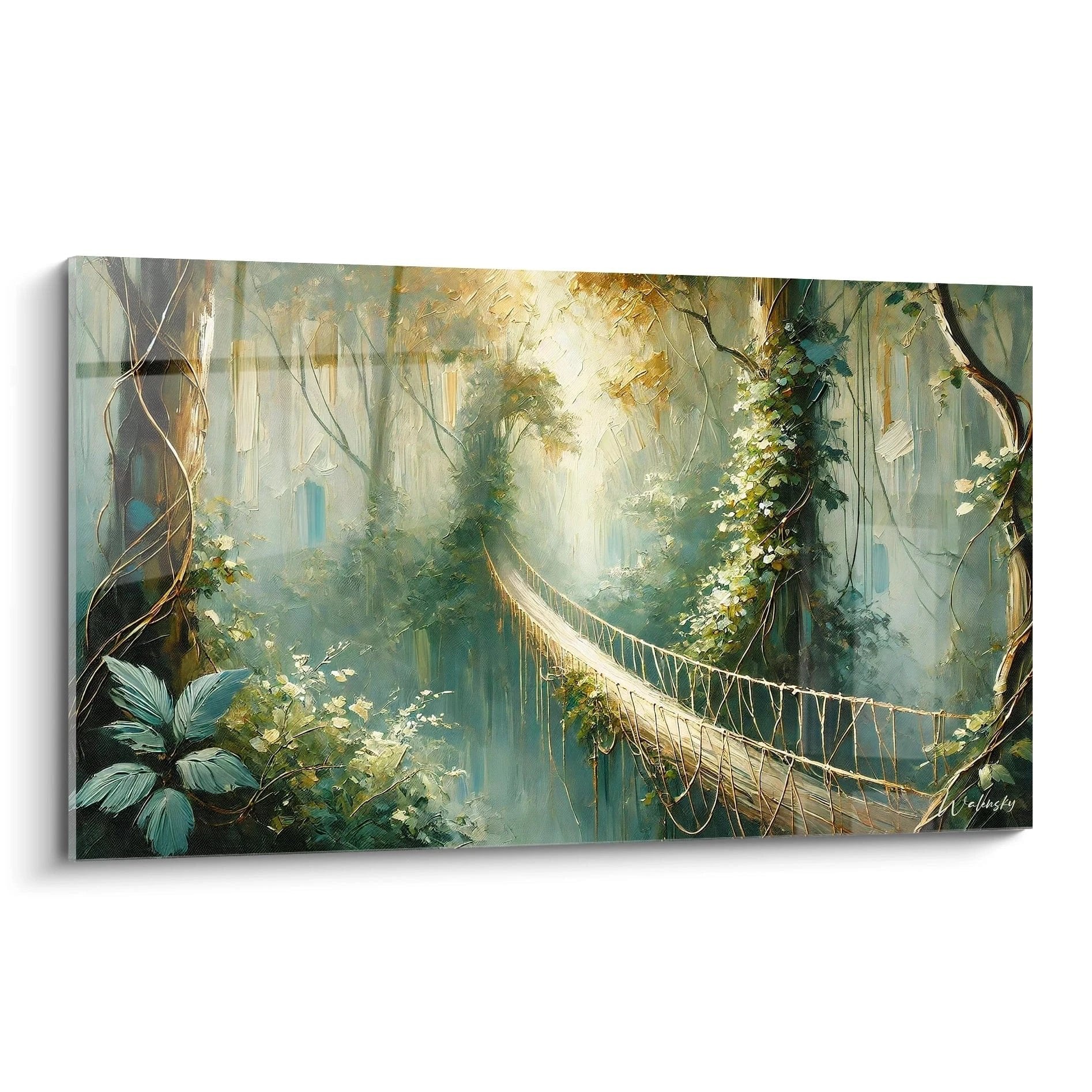 Wandbild Hängebrücke im tropischen Regenwald mit goldenem Licht und üppiger Vegetation