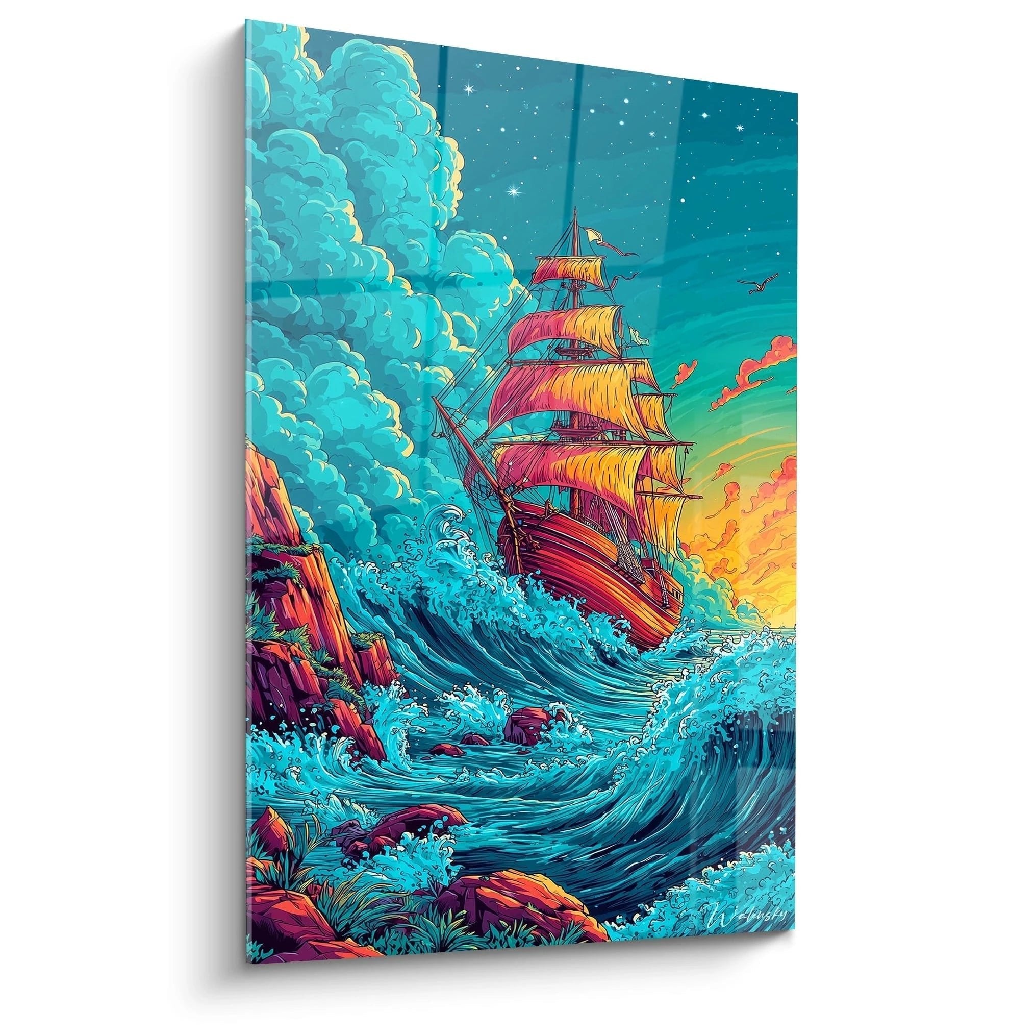 Comic-Wandbild eines Segelschiffs mit bunten Segeln in stürmischer türkiser See bei Sternenhimmel