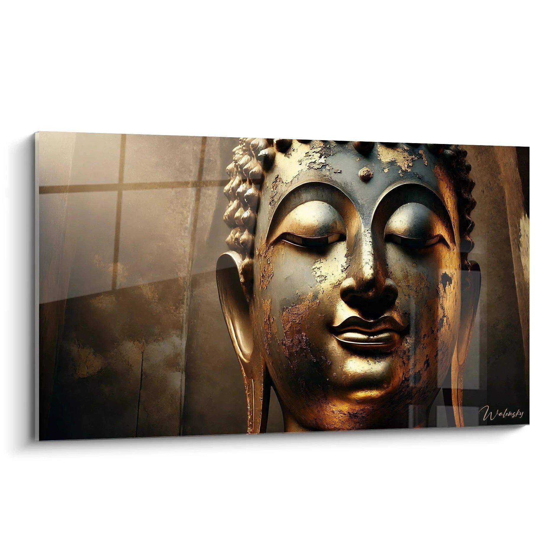 Buddha Statue mit geschlossenen Augen in goldenen Tönen - Wandbild für Meditation und spirituelle Ruhe