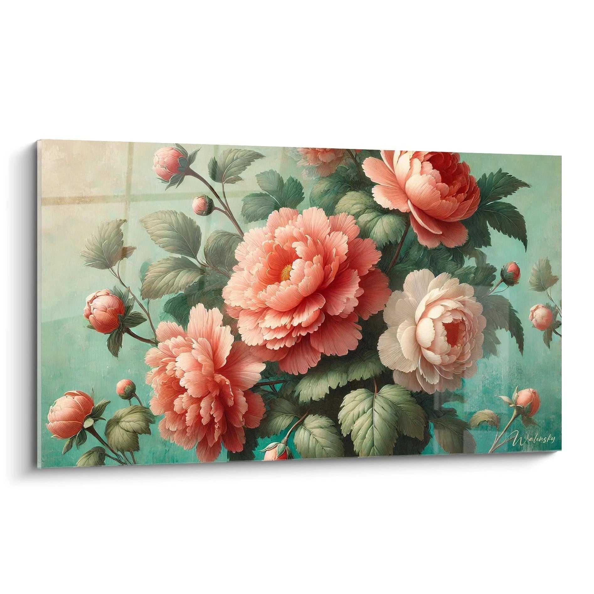 Romantisches Wandbild mit rosa Pfingstrosen auf mint-grünem Hintergrund in botanischem Stil
