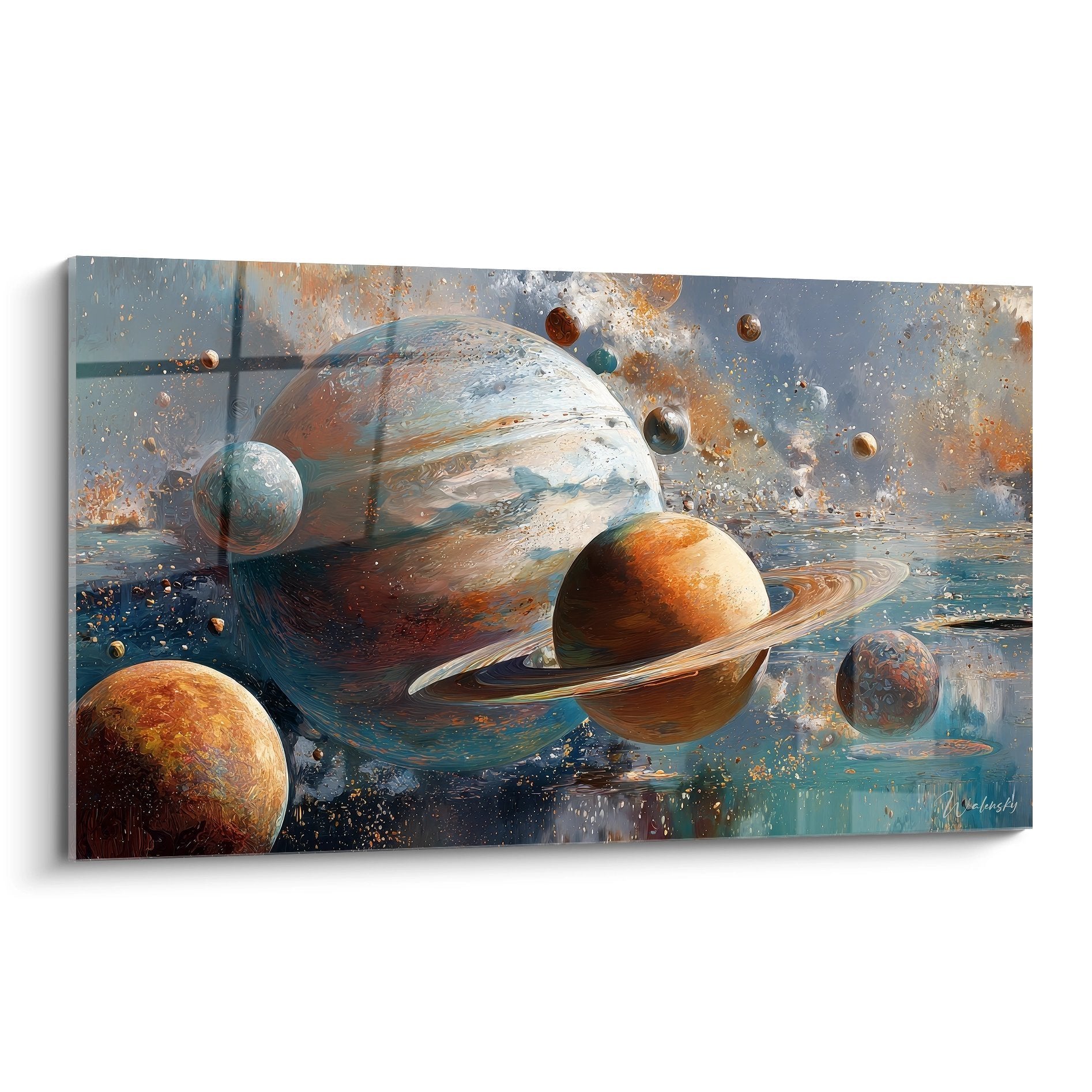 Wandbild Planetensystem mit Saturn und Monden in warmen Farbtönen für moderne Raumdekoration