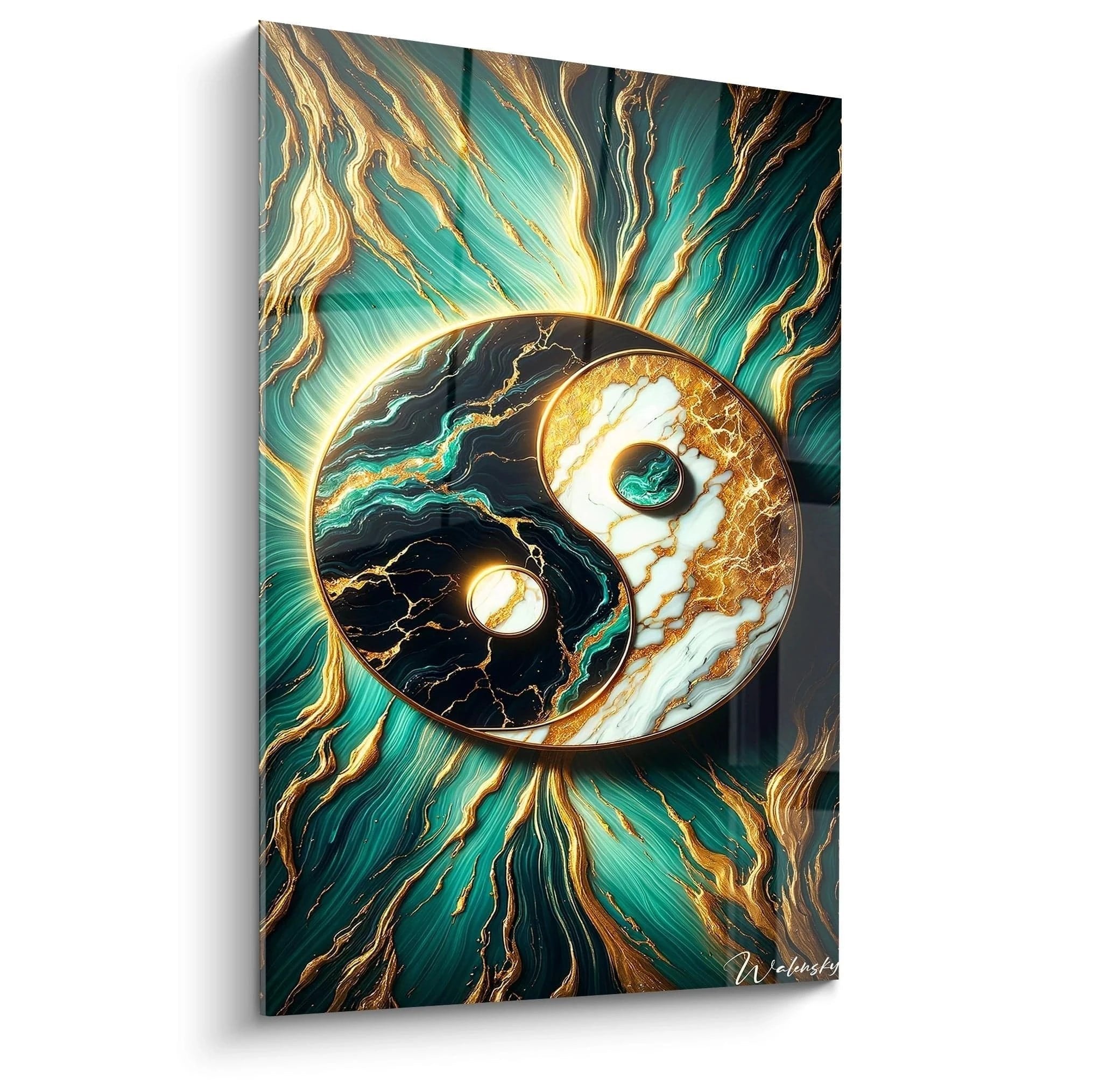 Yin Yang Wandbild mit goldenen Marmorstrukturen und türkisen Energieströmen für Meditation und Harmonie