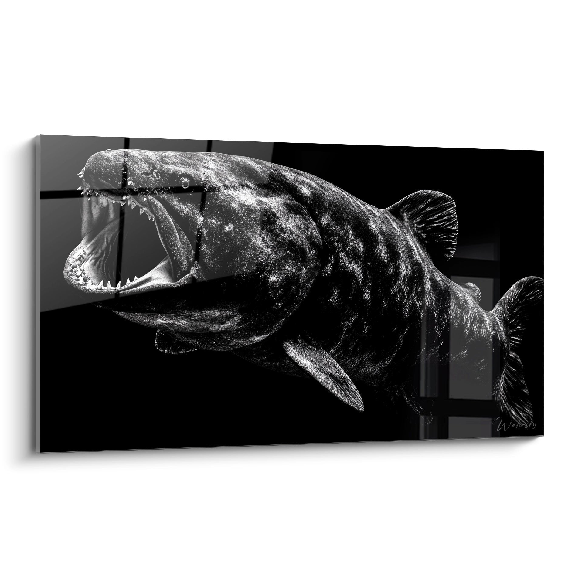 Schwarzweißes Wandbild eines Dunkleosteus mit geöffneten Kiefern, prähistorischer Raubfisch der Devonzeit