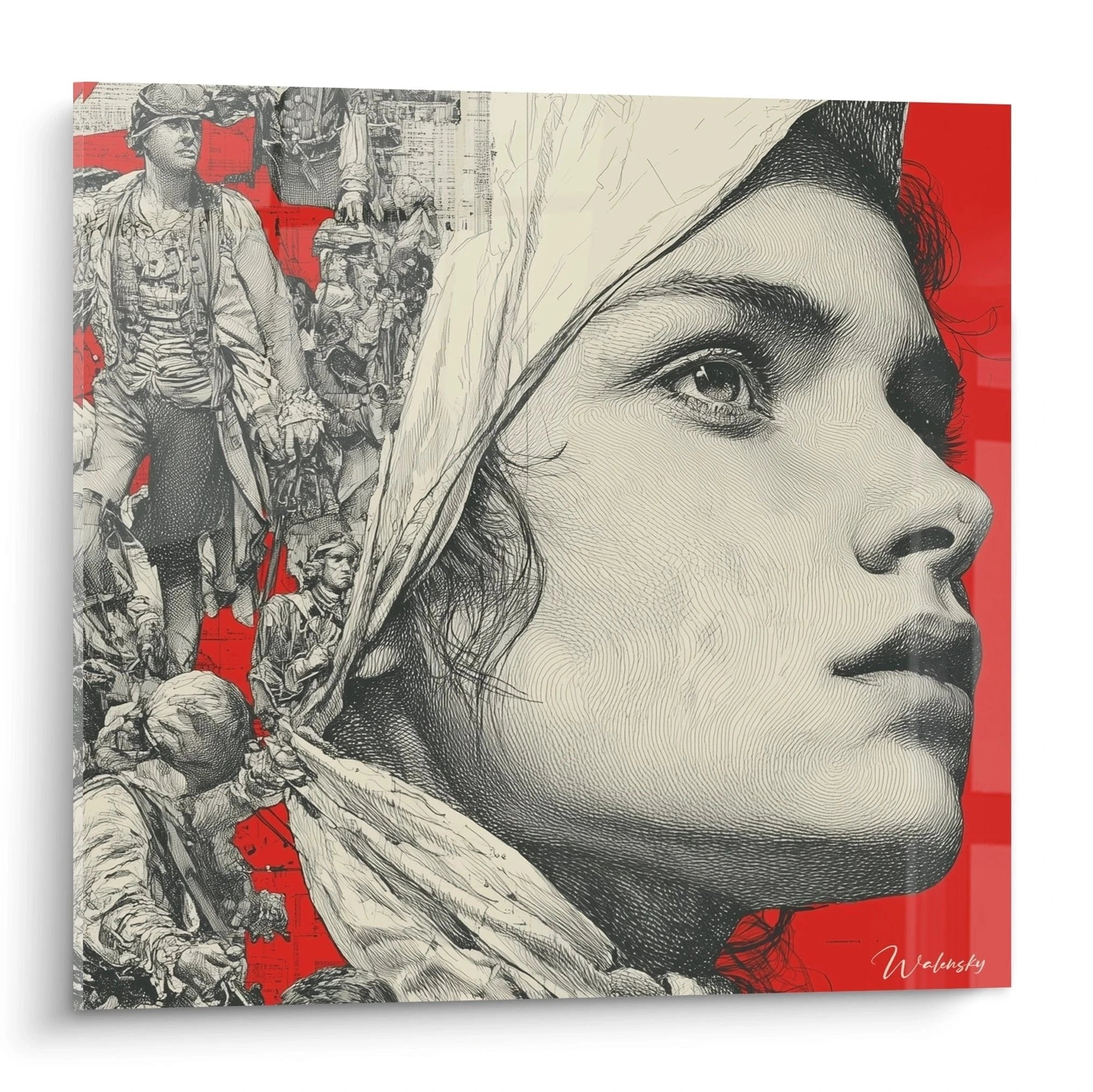 Wandbild Marianne Französische Revolution mit Porträt und revolutionären Szenen in Rot und Schwarz-Weiß