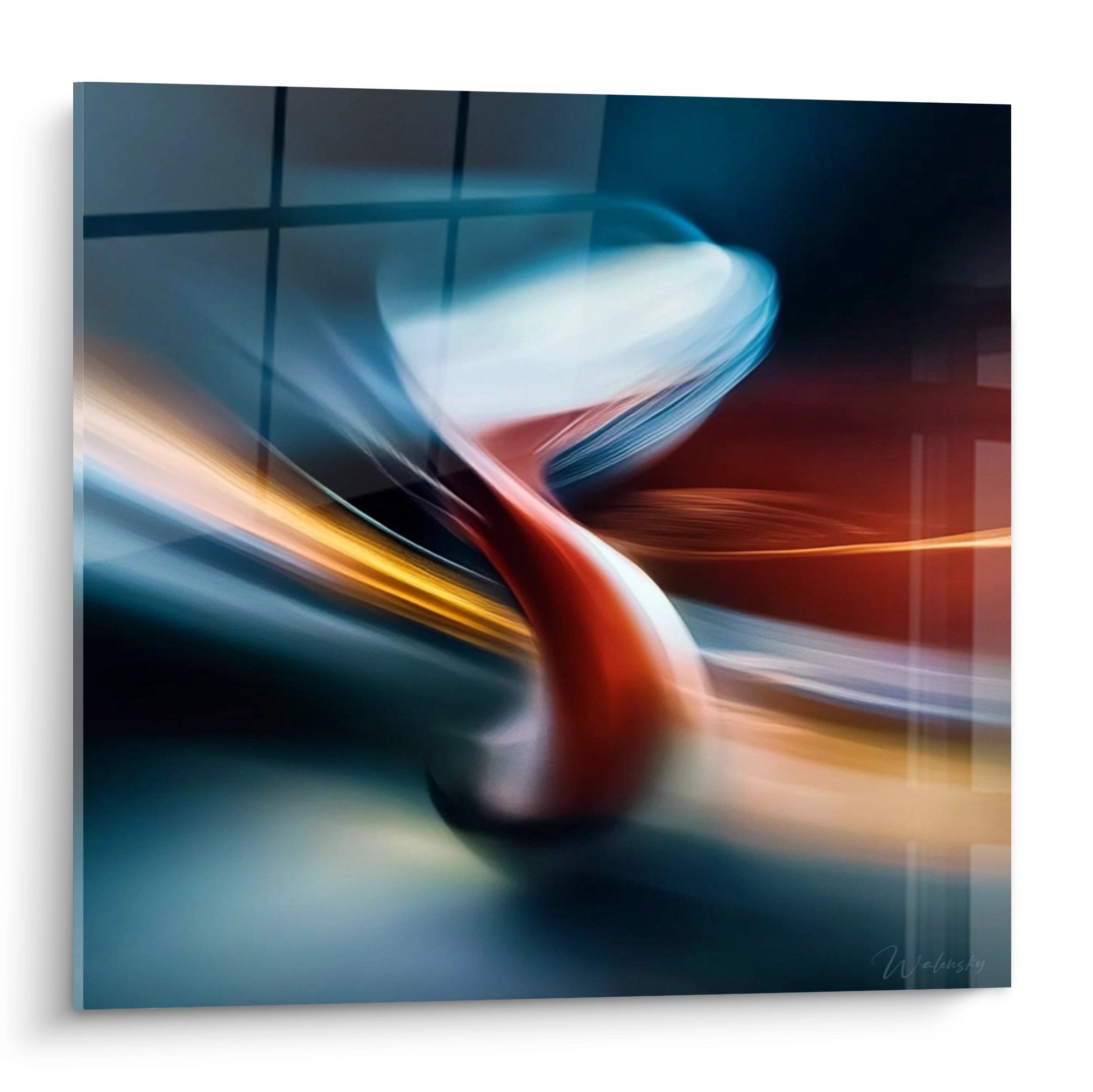 Abstraktes Light Painting Wandbild mit dynamischen Lichtstreifen in Blau Orange und Rot Farben