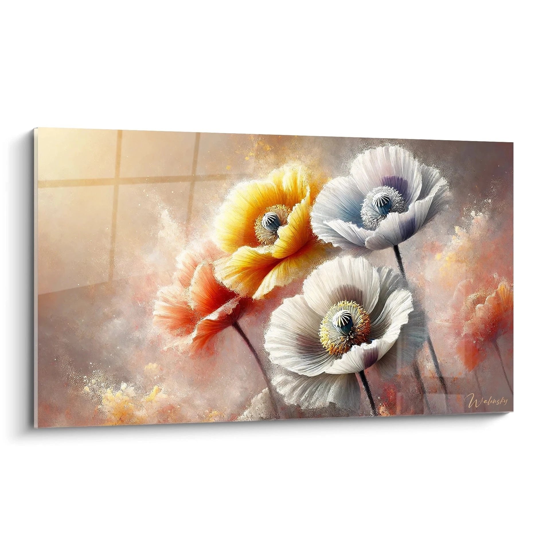 Wandbild mit drei Mohnblumen in Aquarelltechnik, weiße und orange Blüten auf warmem Hintergrund