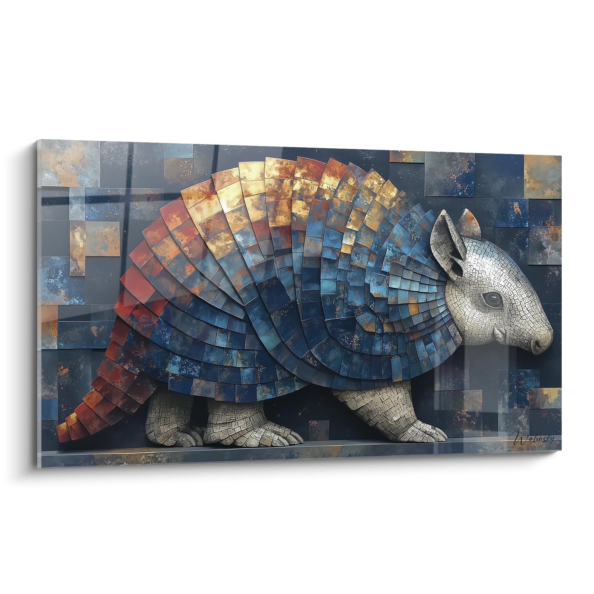 Wandbild eines gepanzerten Gürteltiers im Mosaik-Stil mit blau-goldenen Farbtönen auf geometrischem Hintergrund
