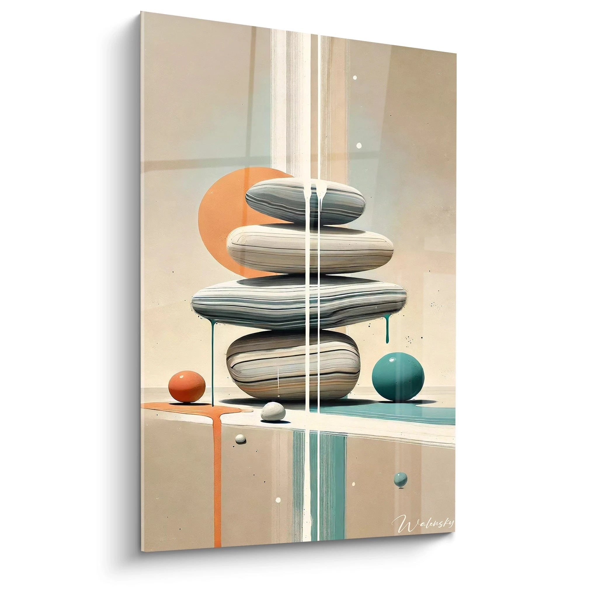 Wandbild mit gestapelten Zen-Steinen in Orange und Türkis, moderne Kunst für Meditation und Balance