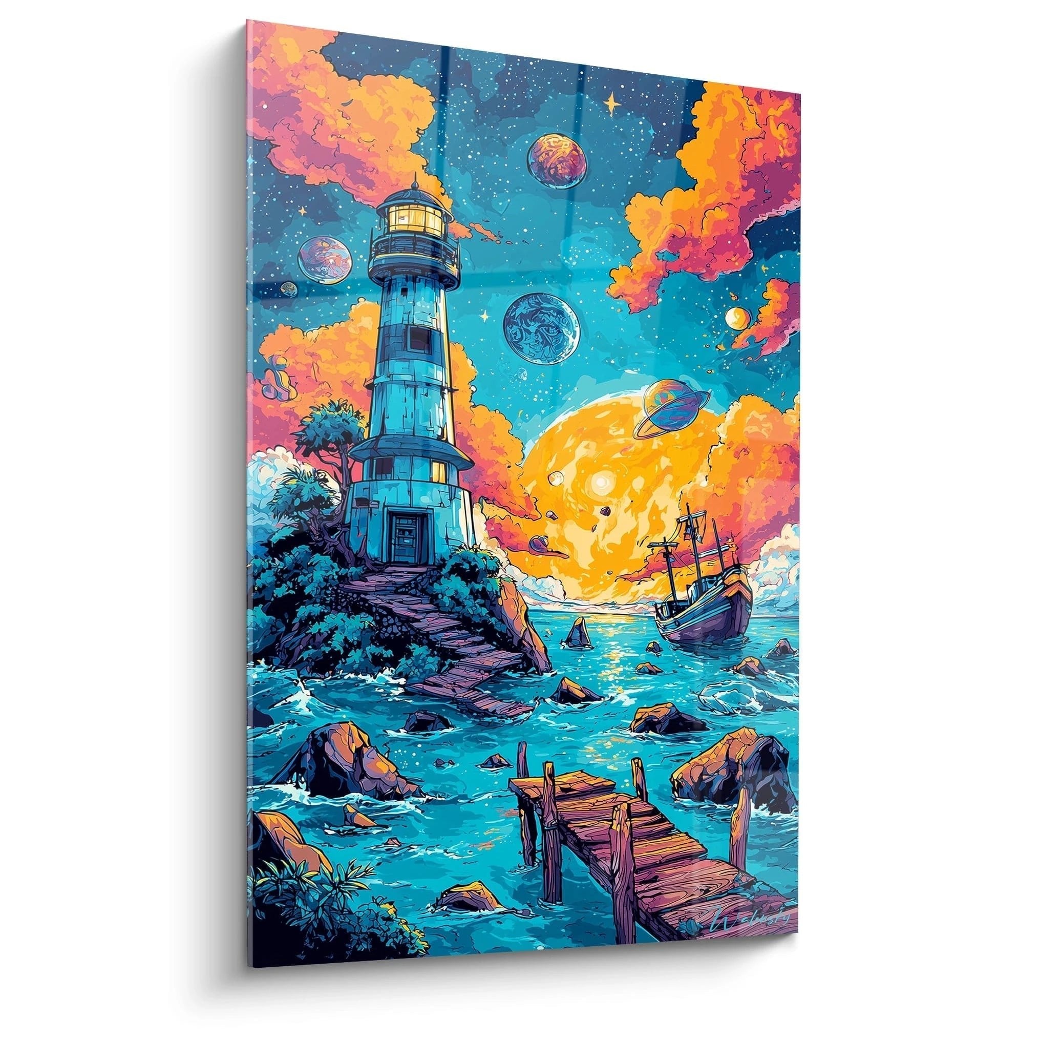 Comic Wandbild zeigt Leuchtturm auf Felsen umgeben von Planeten und Sternen mit Segelschiff im türkisen Wasser