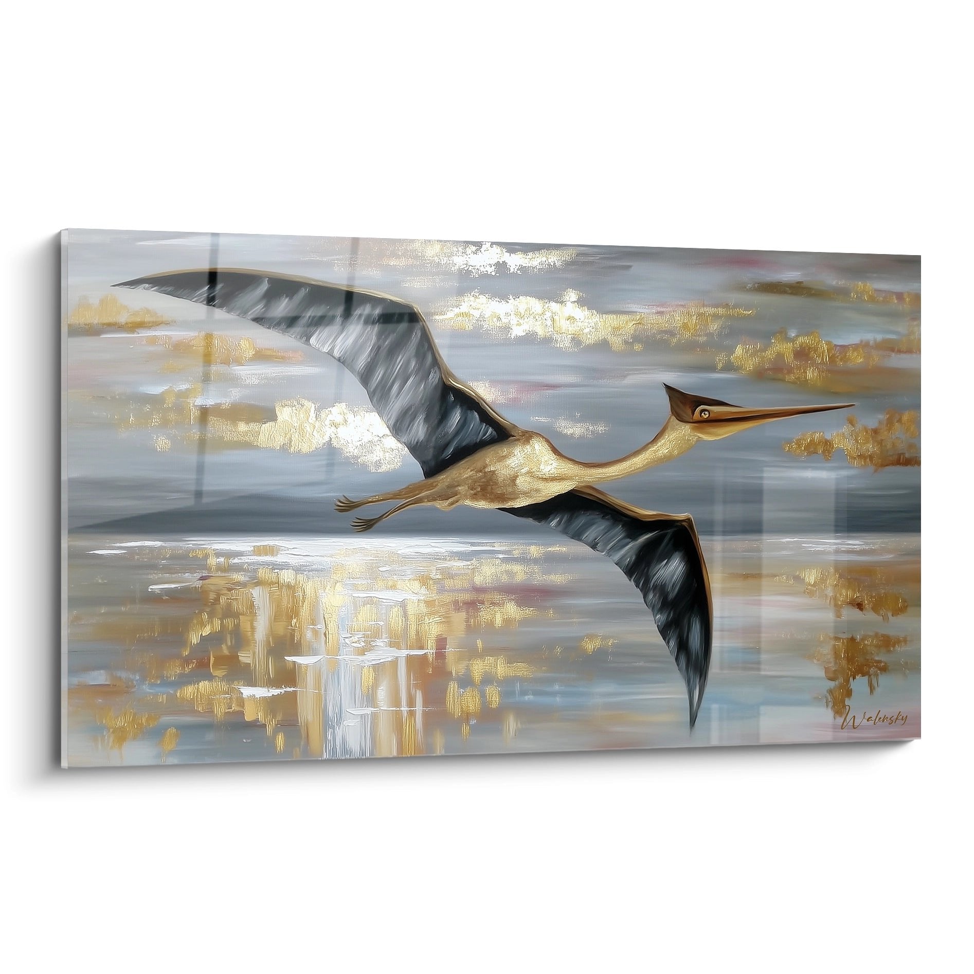 Wandbild Quetzalcoatlus Flugsaurier mit goldenen Akzenten über abstrakter Wasserlandschaft, moderne Dinosaurier Kunst