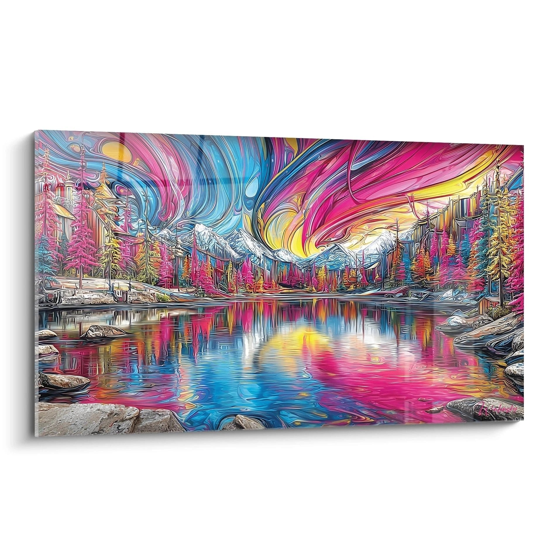 Psychedelisches Wandbild mit bunter Berglandschaft und Seespiegelung in Regenbogenfarben