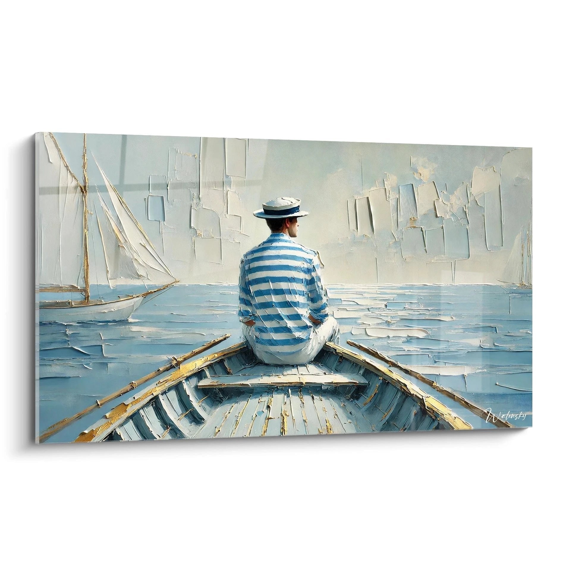 Maritime Wandkunst Seemann im Boot beobachtet Segelschiff auf blauem Meer mit weißen Klippen