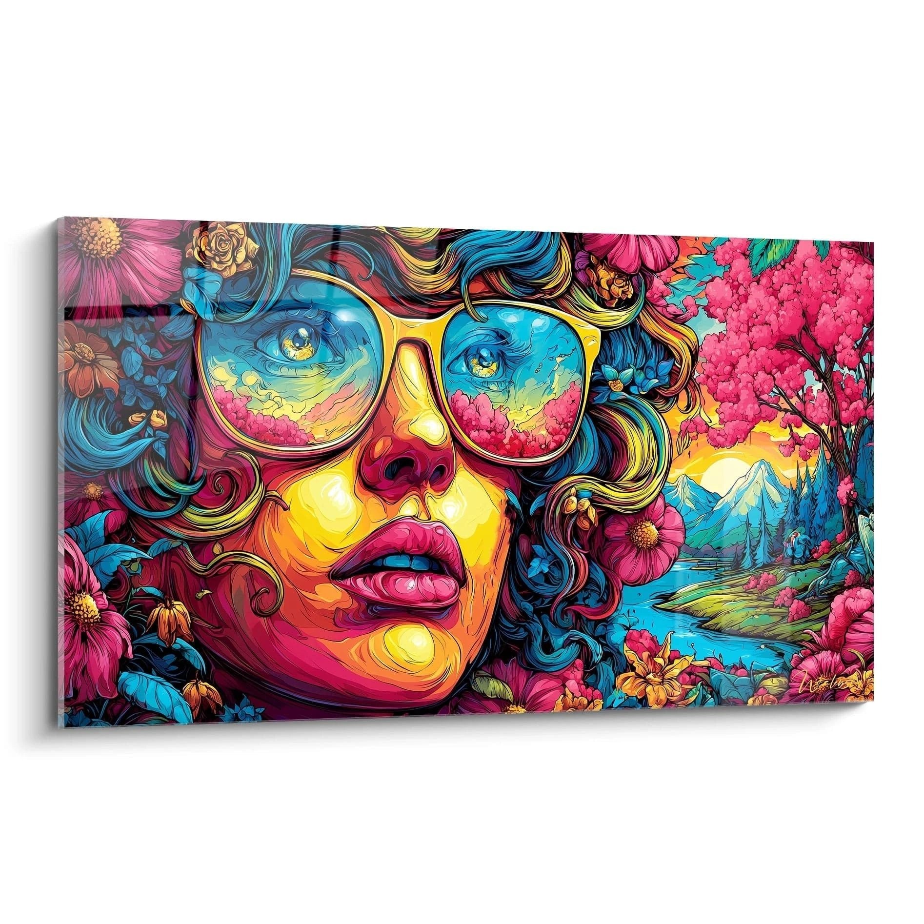 Psychedelisches Wandbild einer Frau mit Sonnenbrille umgeben von bunten Blumen in Pop-Art Stil