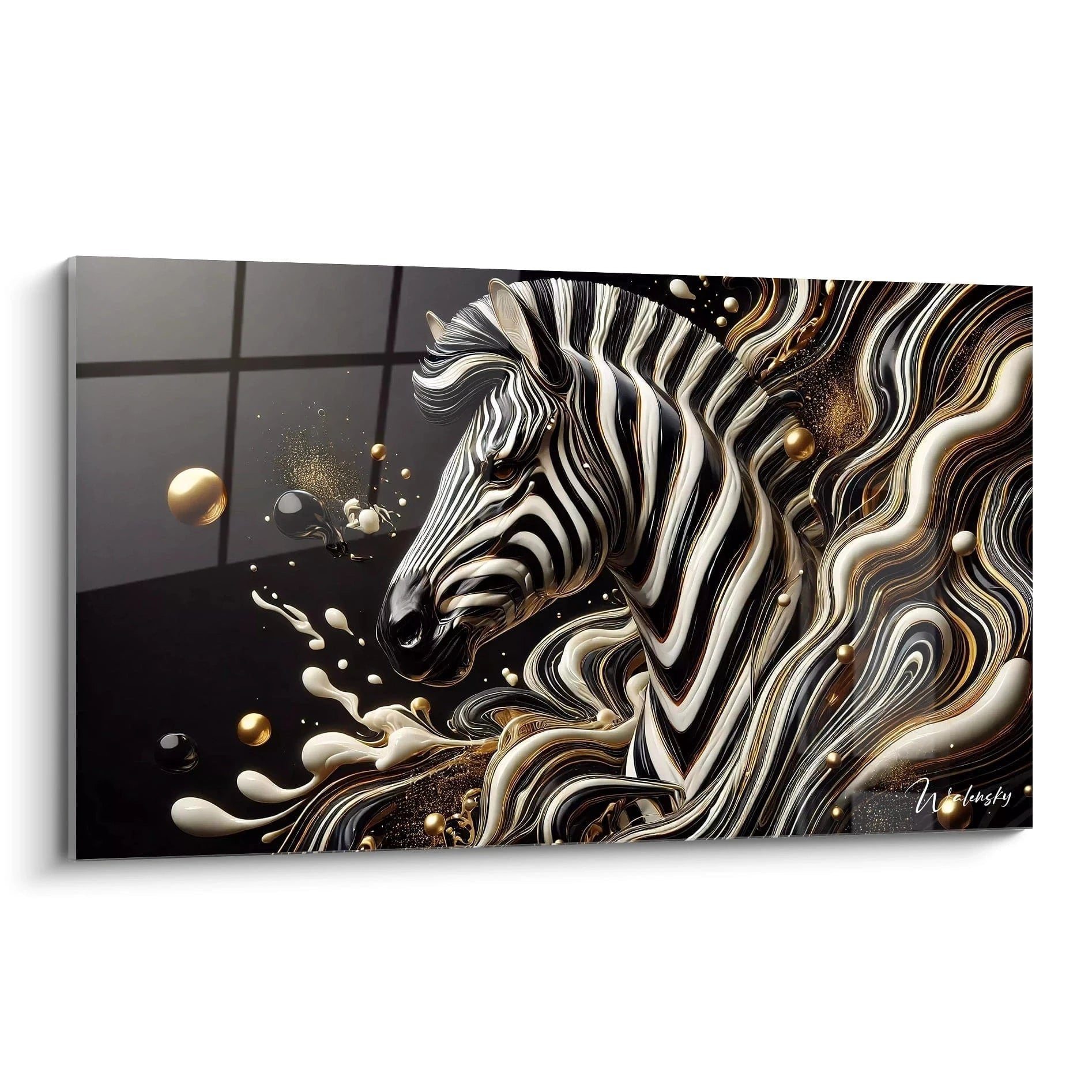Modernes Zebra Wandbild mit fließenden goldenen Wellen und abstrakten Elementen in Schwarz-Weiß-Gold