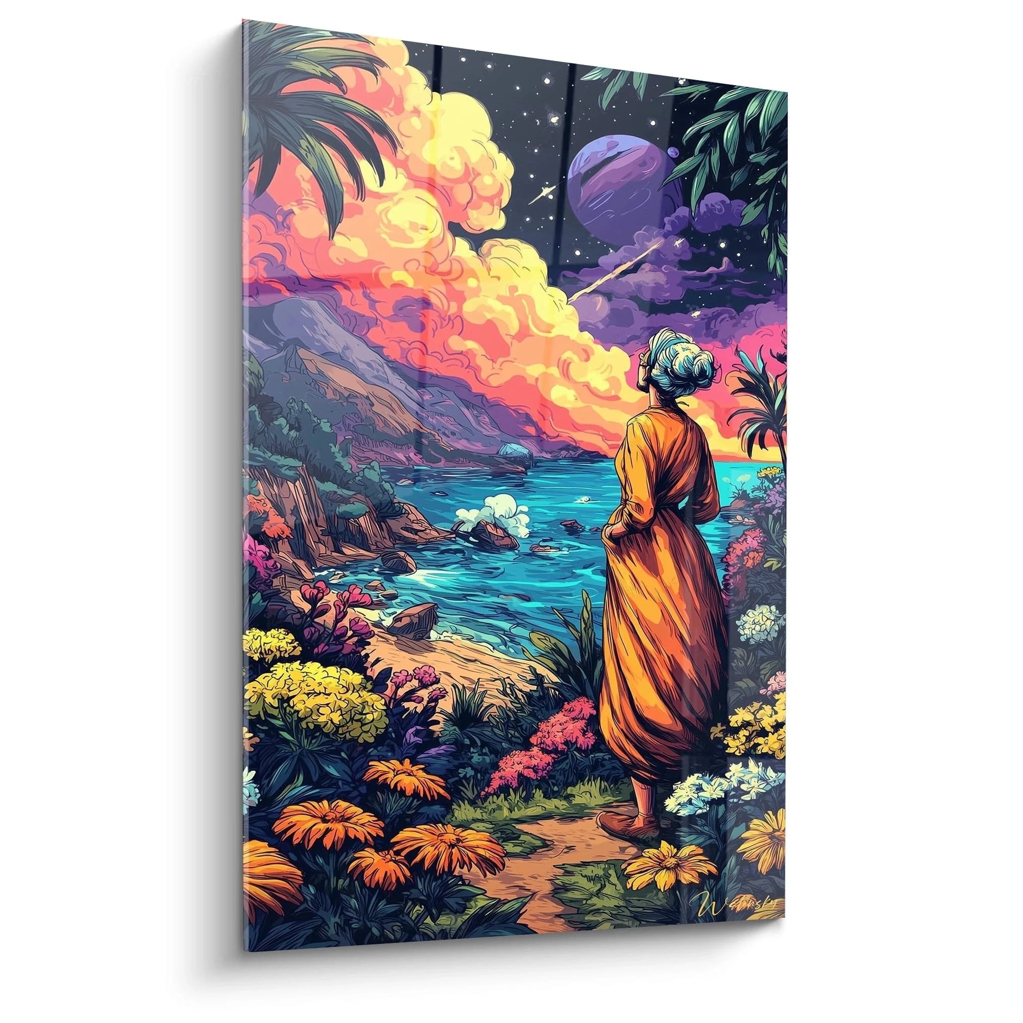 Comic Wandbild zeigt meditierenden Mönch in oranger Robe am tropischen Strand mit bunten Wolken