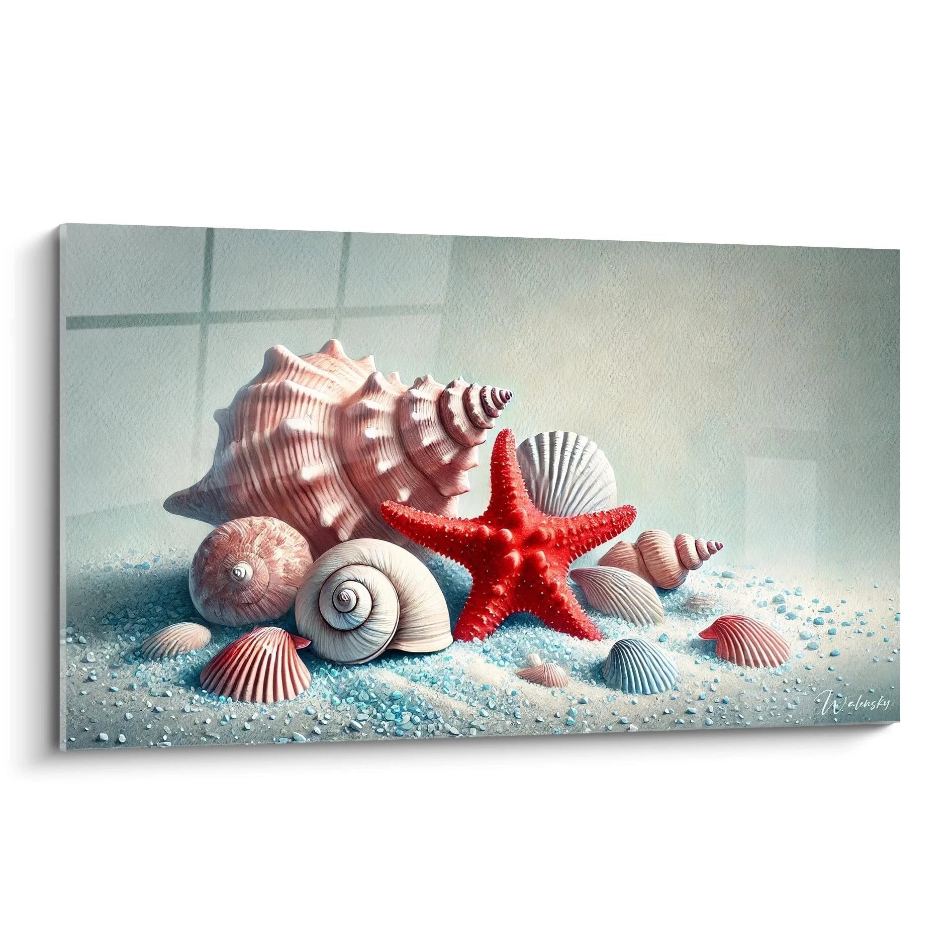 Wandbild mit Muscheln und rotem Seestern auf türkisfarbenem Sand - Maritime Dekoration für Zuhause