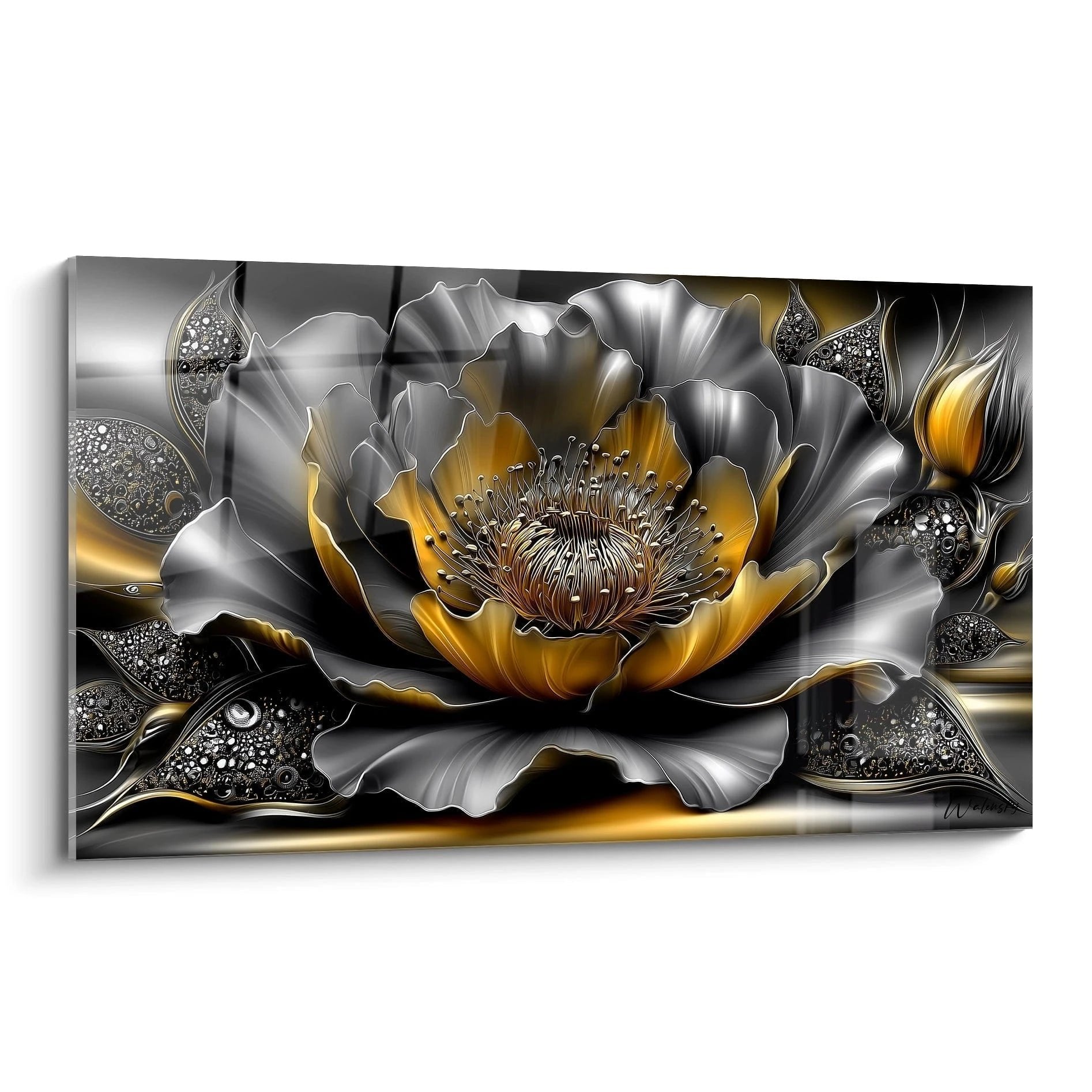 Luxuriöses Wandbild mit metallischer Blüte in Gold und Silber, Edition Schwarzes Gold, elegante Wanddekoration