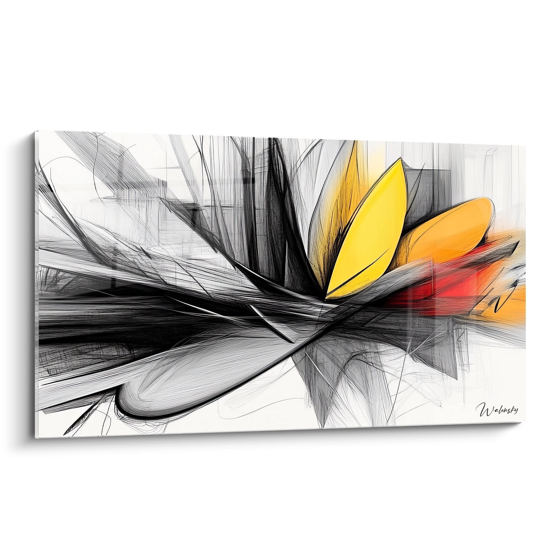 Wandbild abstrakte Blume mit schwarzen Linien und gelben Akzenten in dynamischer Zeichentechnik