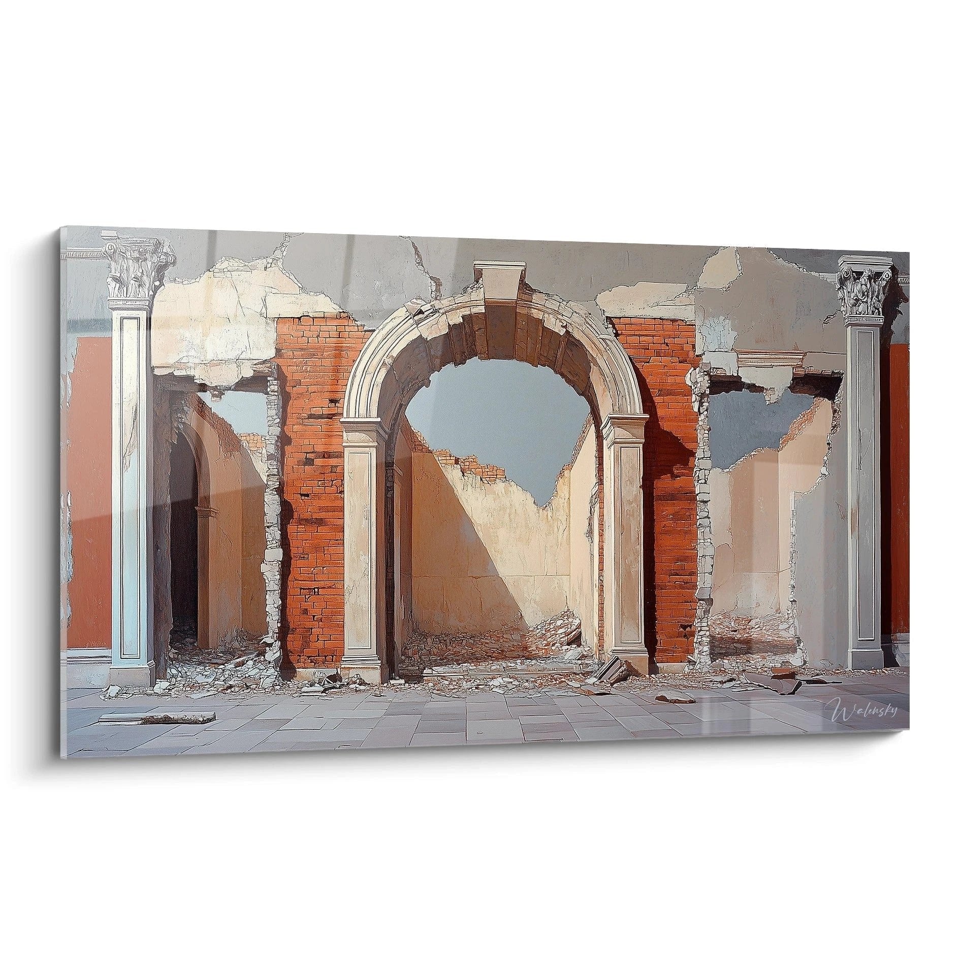 Wandbild antike Ruinen mit korinthischen Säulen und Rundbogen aus Backstein in warmen Erdtönen