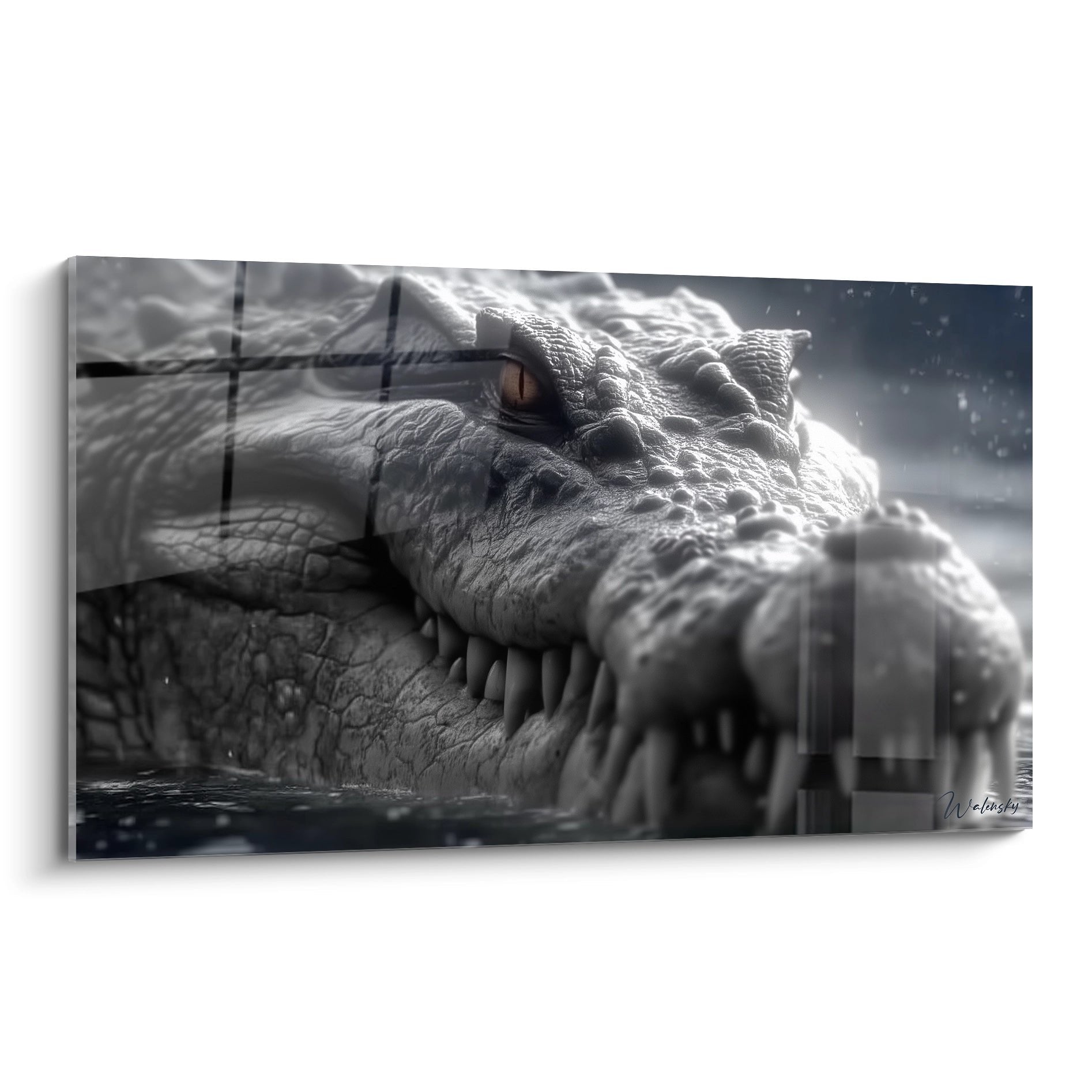 Wandbild Kaprosuchus Urkrokodil in dramatischer Schwarz-Weiß Darstellung mit bernsteinfarbenen Augen