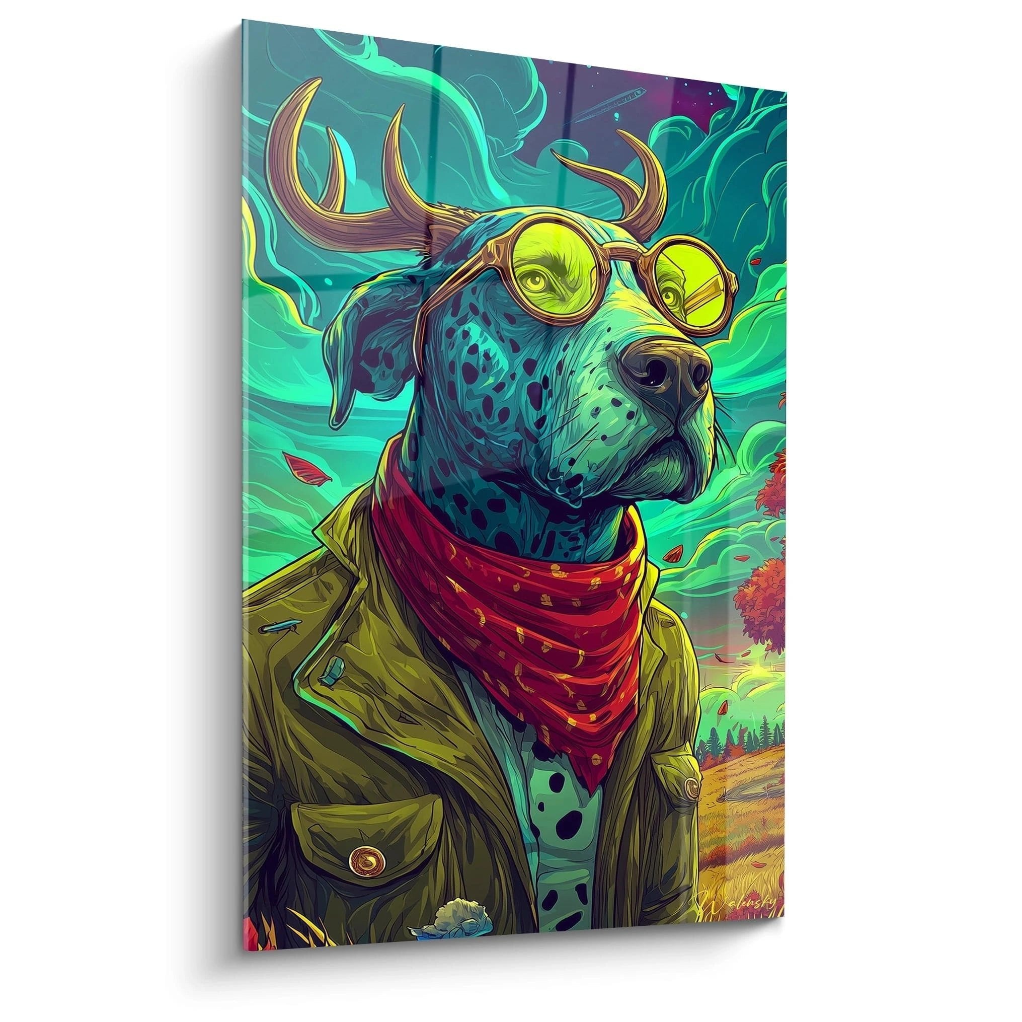 Wandbild Fantasy-Hund mit Geweih und gelber Brille im Comic-Stil vor magischem Himmel