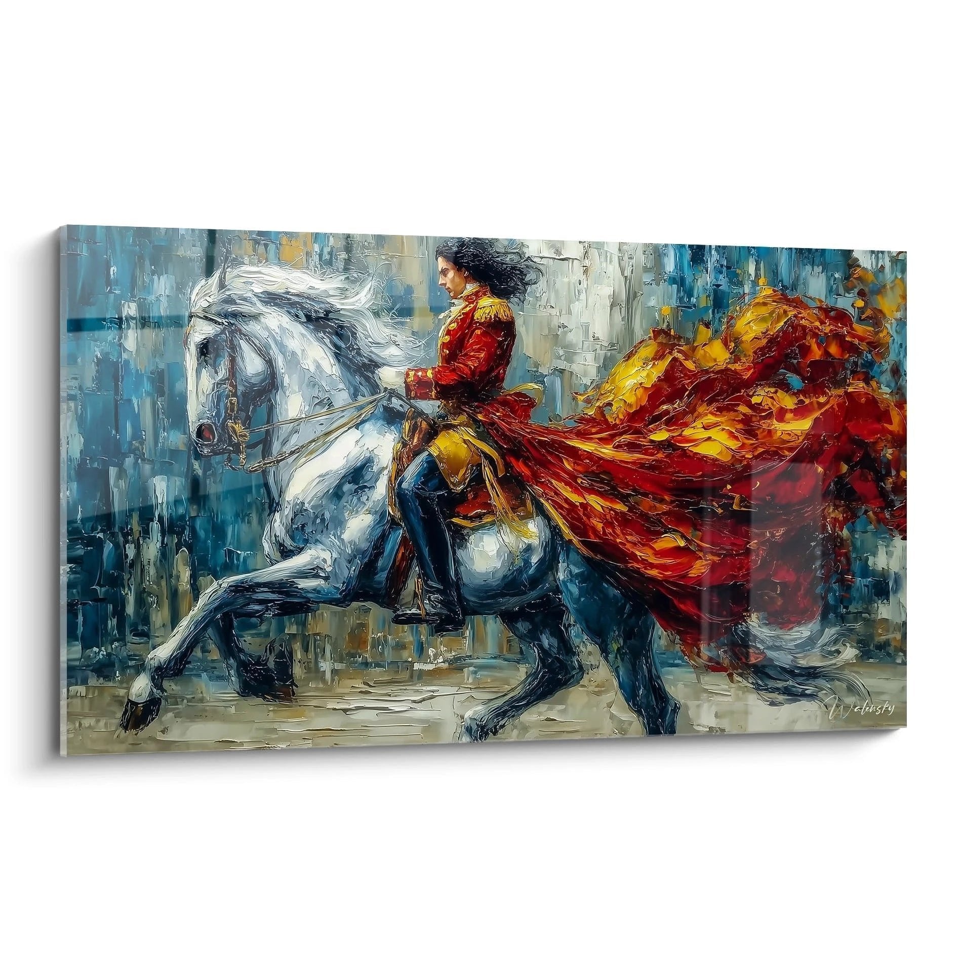 Wandbild majestätischer Reiter auf weißem Pferd in roter Uniform, dynamische Malerei Edition Ludwig XIV