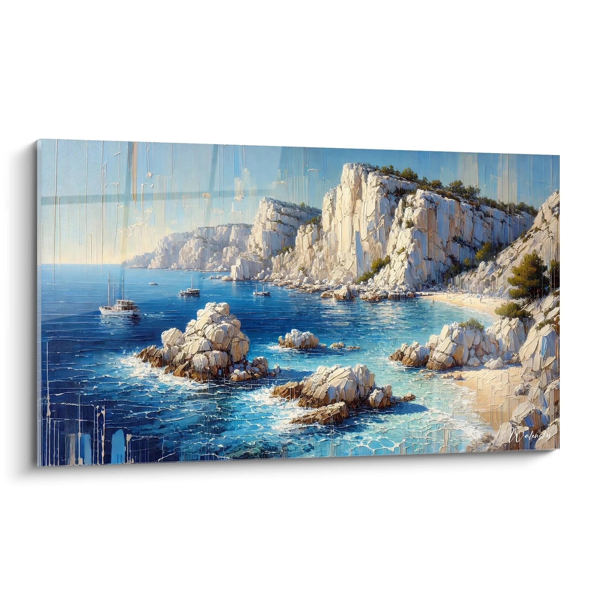 Wandbild mediterrane Küste mit weißen Klippen und türkisblauem Wasser, Segelboote in idyllischer Bucht