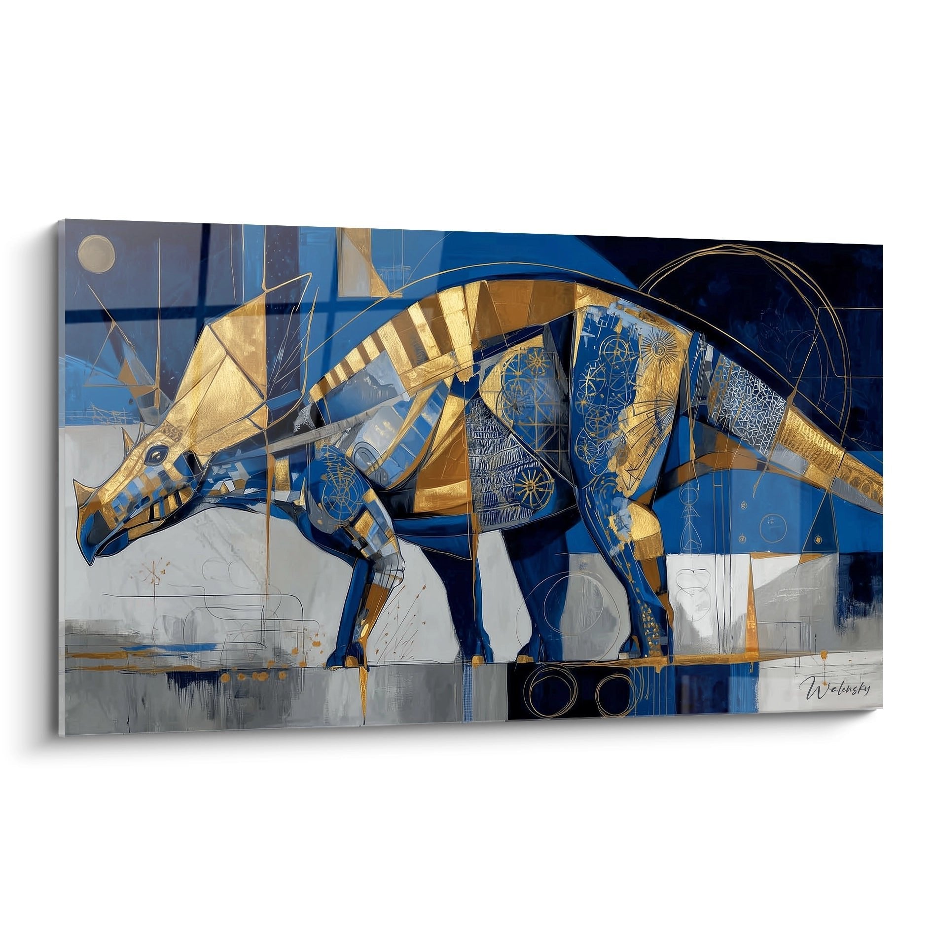Wandbild mechanischer Triceratops in Gold und Blau mit technischen Details und geometrischen Mustern